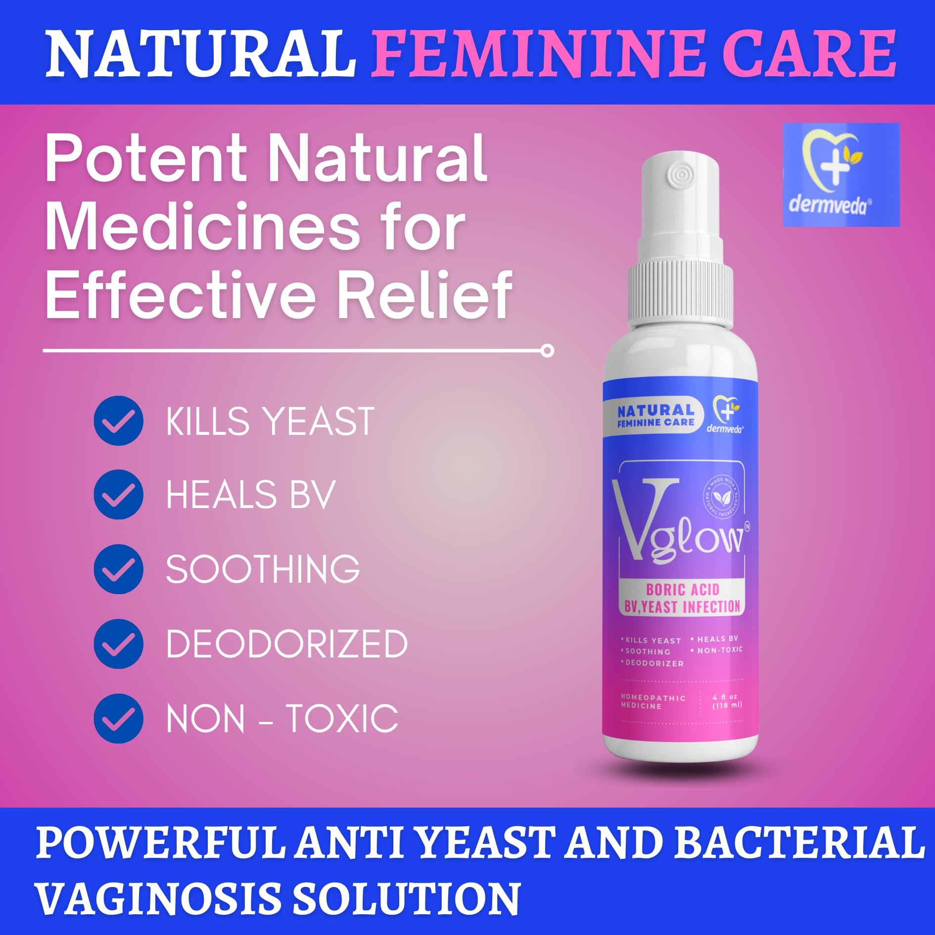 Dermveda Boric Acid BV Relief for Women - Natural Yeast Infection, Odor, Itch Relief Solution - Treats Yeast Infection Symptoms with Effective Boric Acid Formula. Dermveda uk supplements