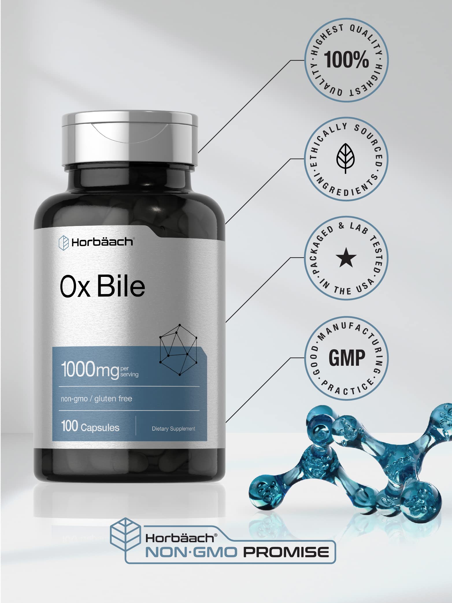 Ox Bile 1000 mg 100 Capsules | Digestive Enzymes Supplement | Non-GMO & Gluten Free Horbäach uk supplements
