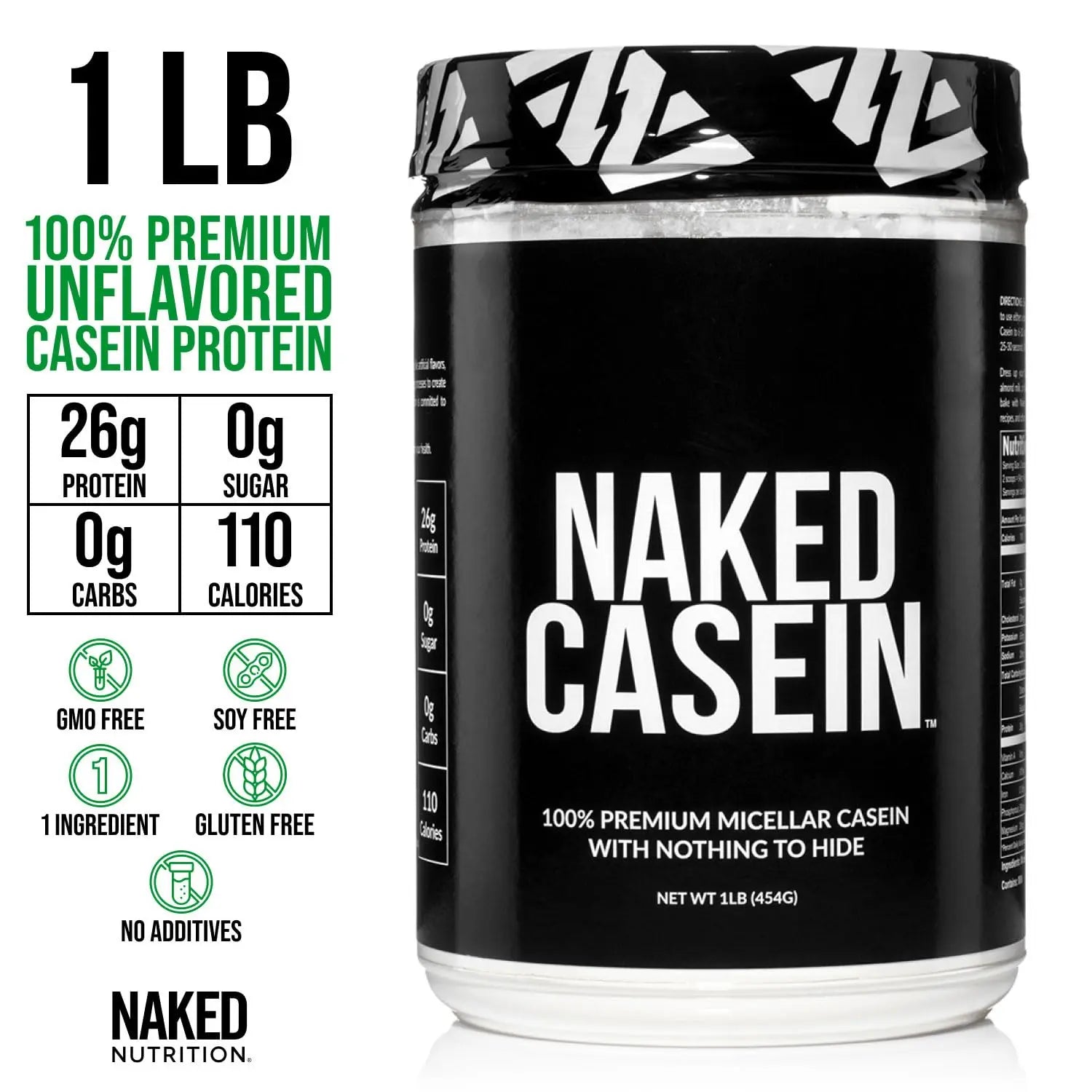 NAKED Casein - 1Lb Micellar Casein Protein - Bulk, Zero Carb, NSF Certified, GMO-Free, Gluten Free, Soy Free, Preservative Free - Stimulate Muscle Growth NAKED uk supplements