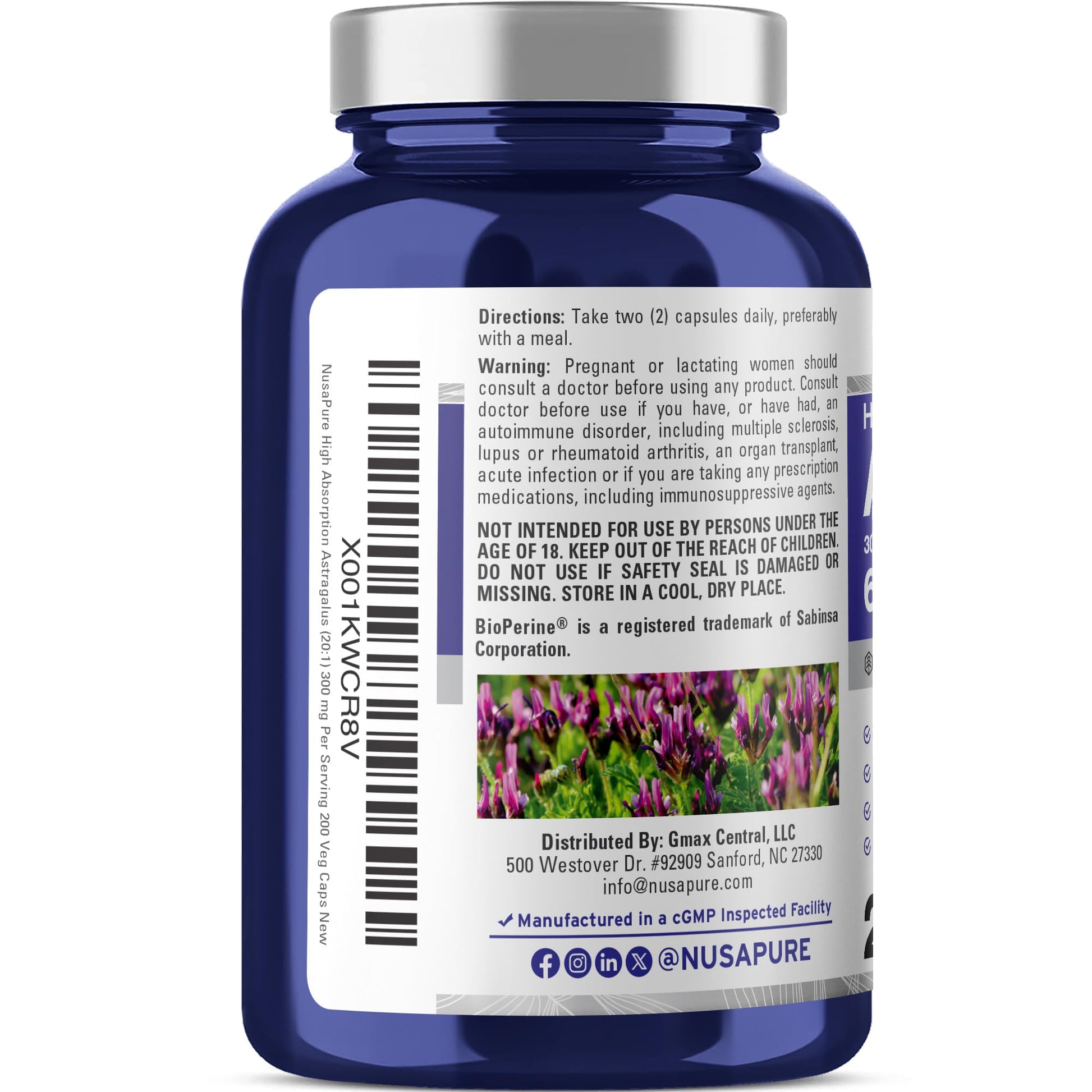 NusaPure Astragalus 20:1 Extract, 300 mg Equivalent to 6,000mg Per Serving, 200 Veggie Capsules, Vegan, Non-GMO & Bioperine NusaPure uk supplements