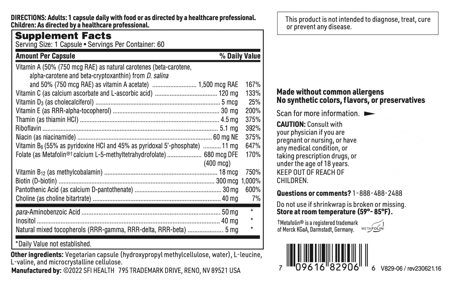 SFI Health Klaire Labs Multi-Vitamin Complex - Hypoallergenic Once-Daily Mineral-Free Multivitamin with Metafolin Folate SFI Health uk supplements