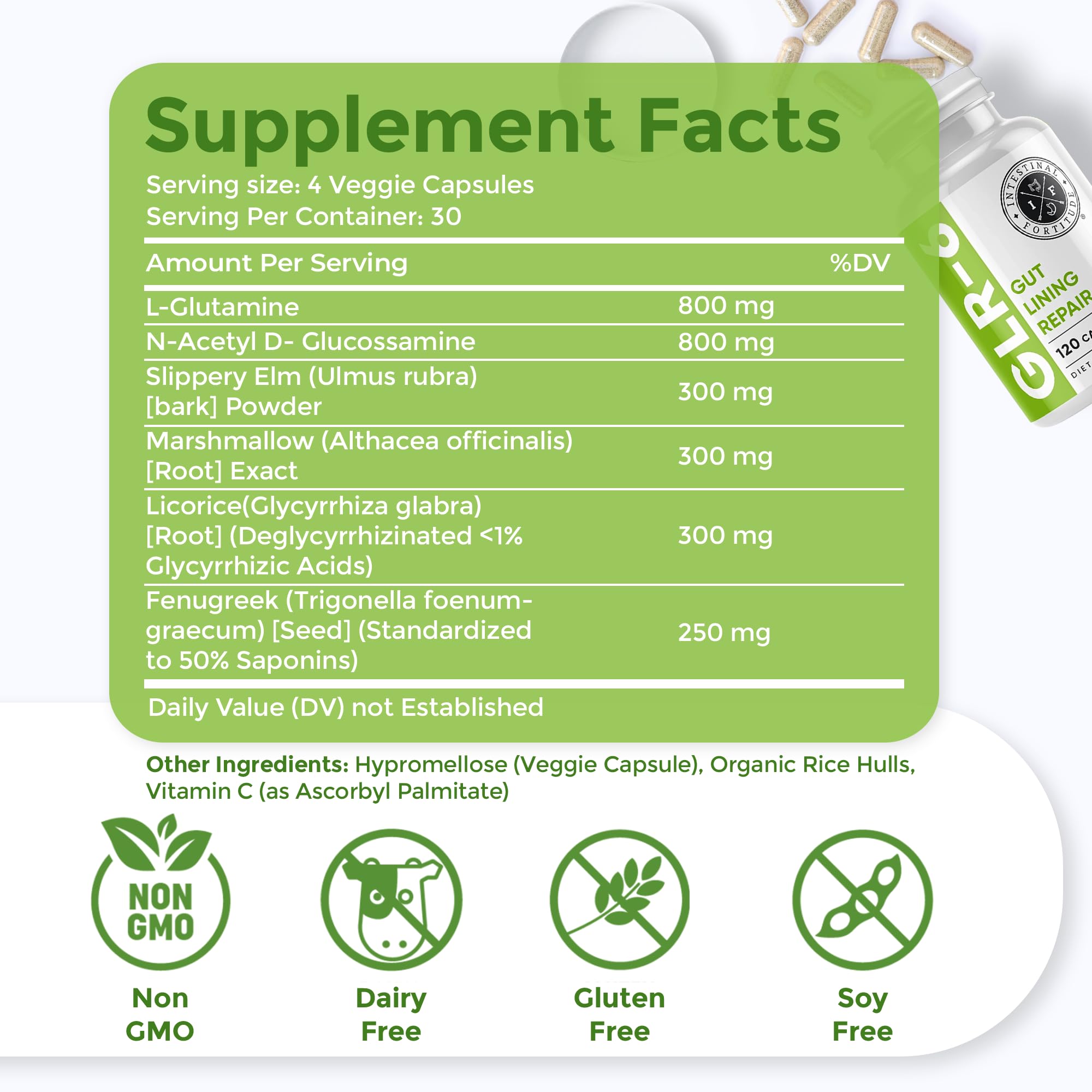Intestinal Fortitude GLR-6 - Gut Lining Repair Supplement for Gut Health - Leaky Gut Repair with L-Glutamine, Slippery Elm, DGL Licorice Root, Marshmallow Root, Fenugreek Intestinal Fortitude uk supplements