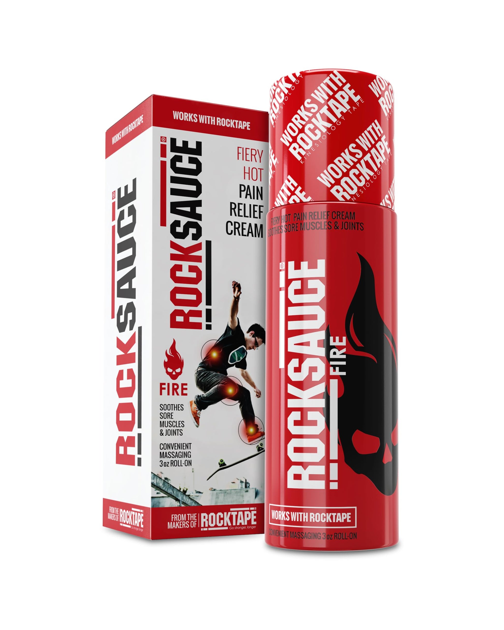 RockSauce Fire, 3 oz Roll-On - Easy to use Pain Relief Cream - Capsaicin & Menthol Formula Relieves Muscle & Joint Pain - Works w/ RockTape - No-Mess Applicator - Dye-Free, Won't Stain Clothes RockTape uk supplements