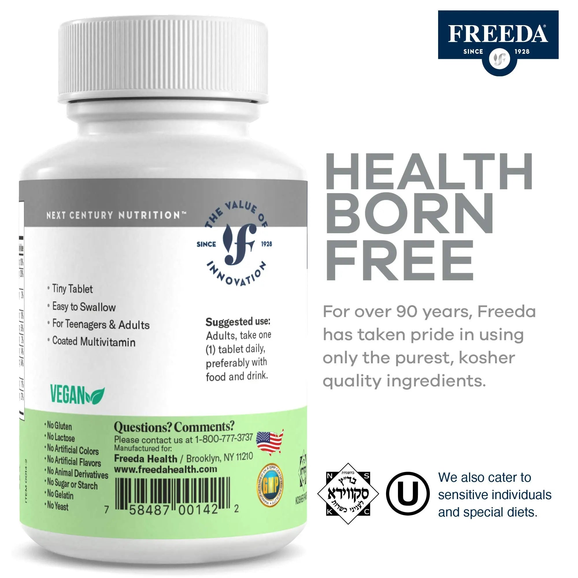 Freedavite Tiny Tablet - Moderate Multivitamin for Men and Women - Pure Vitamin A, C, D, E, B1, B2, B6, B12, Biotin, Calcium, Zinc, Iron, Magnesium FREEDA uk supplements