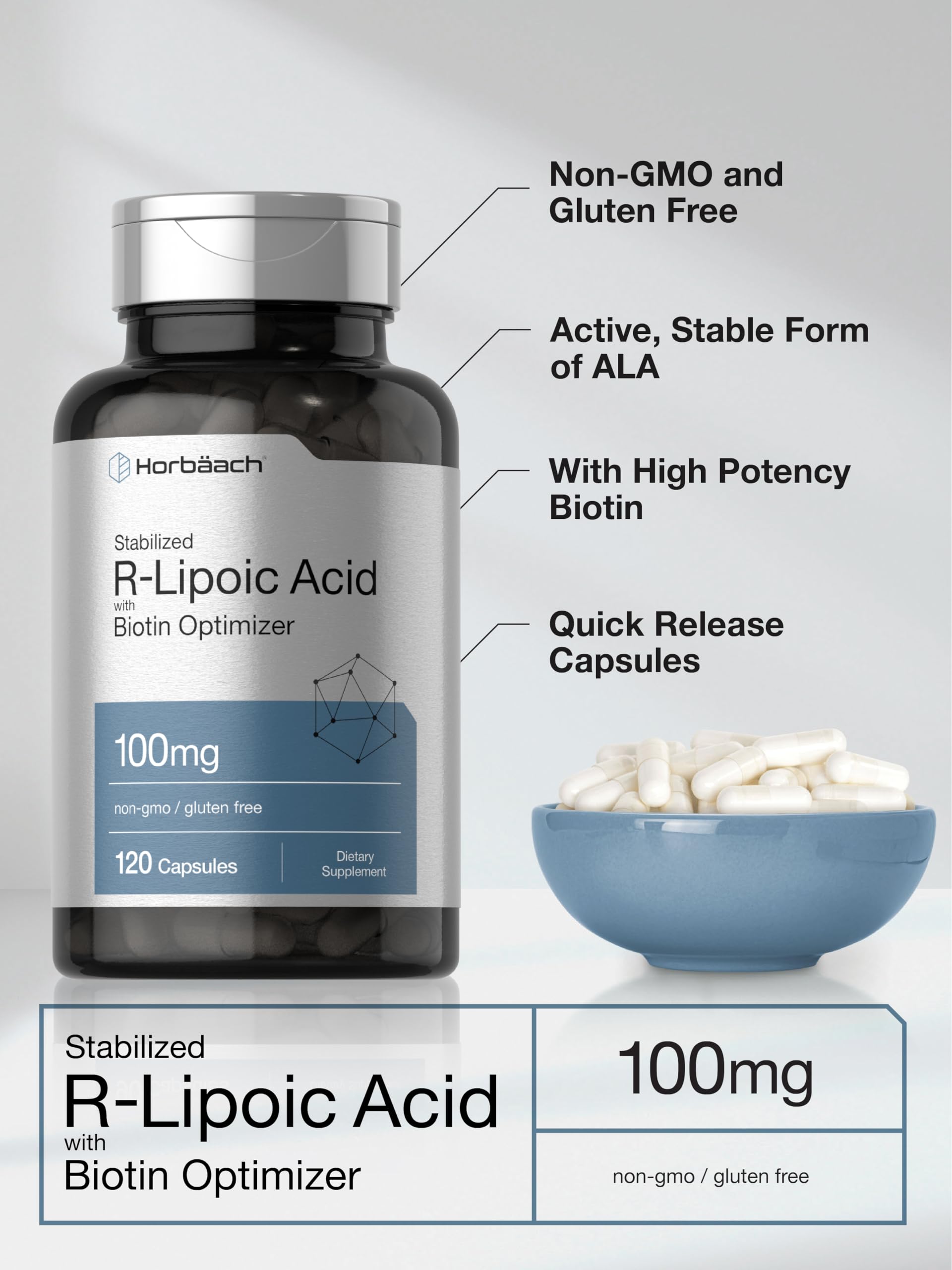 R-Lipoic Acid 100 mg | 120 Capsules | with Biotin Optimizer | Non-GMO, Gluten Free Horbäach uk supplements