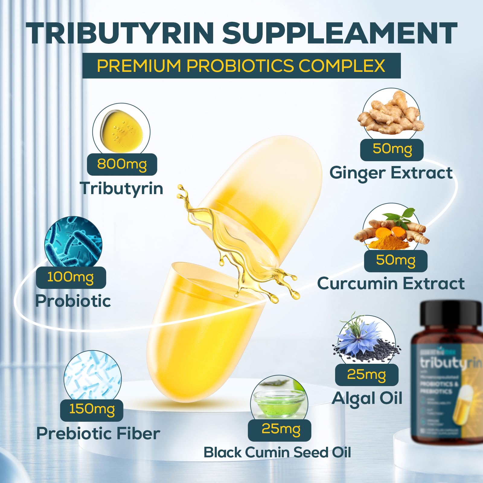 Tributyrin Supplement for Gut & Immune 800mg | High Bioavailability with Microencapsulated Probiotics & Prebiotics - Advanced Liquid-Filled Tributyrin Complex, Gluten Free, 90 Capsules Quorinthiumax uk supplements