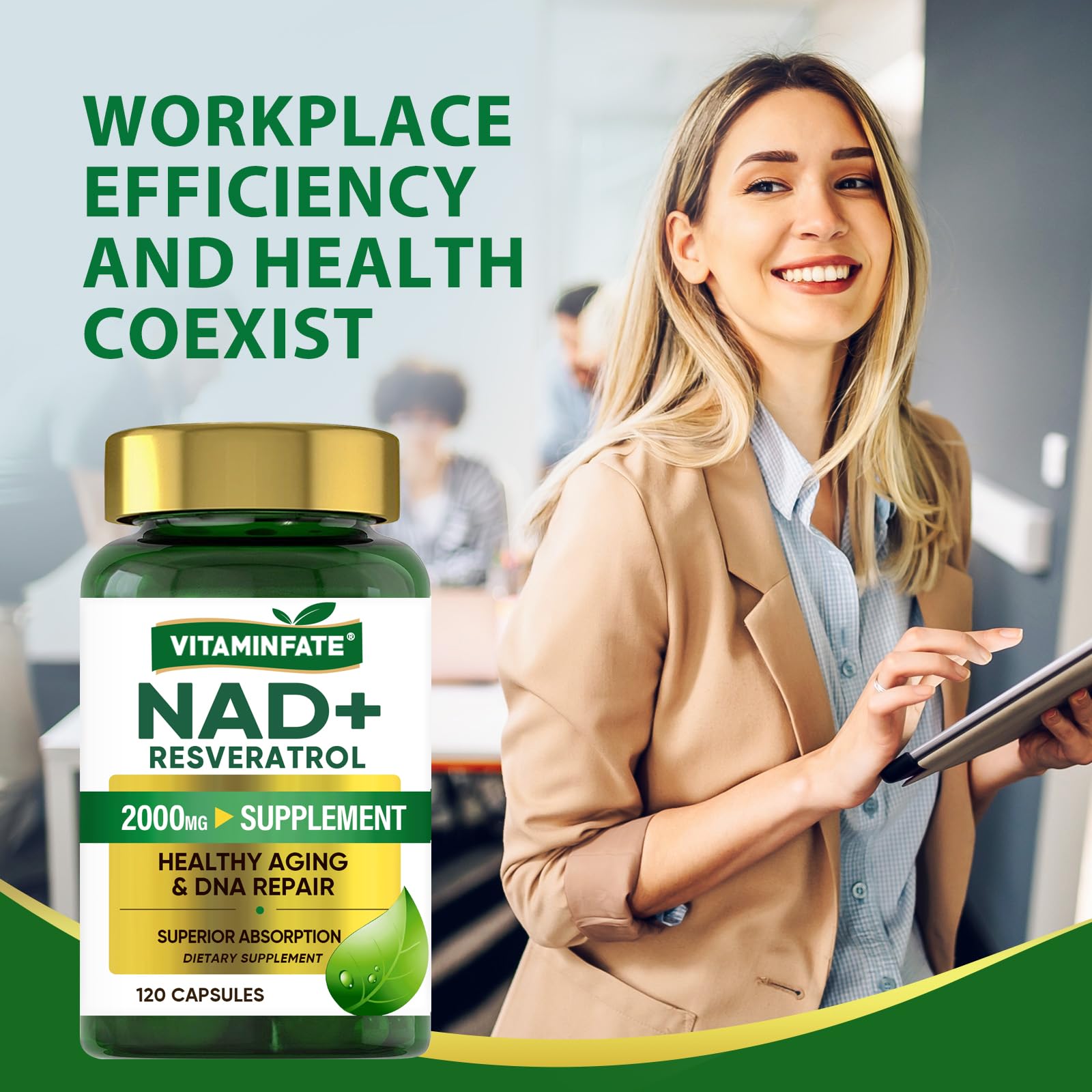 VITAMINFATE NAD+ Supplement 2000 mg - 120 Capsules True NAD+ & Resveratrol, NMN Alternative Supports Anti-Aging, Cellular Energy & Repair, Metabolism & Brain Boost for Men & Women VITAMINFATE uk supplements