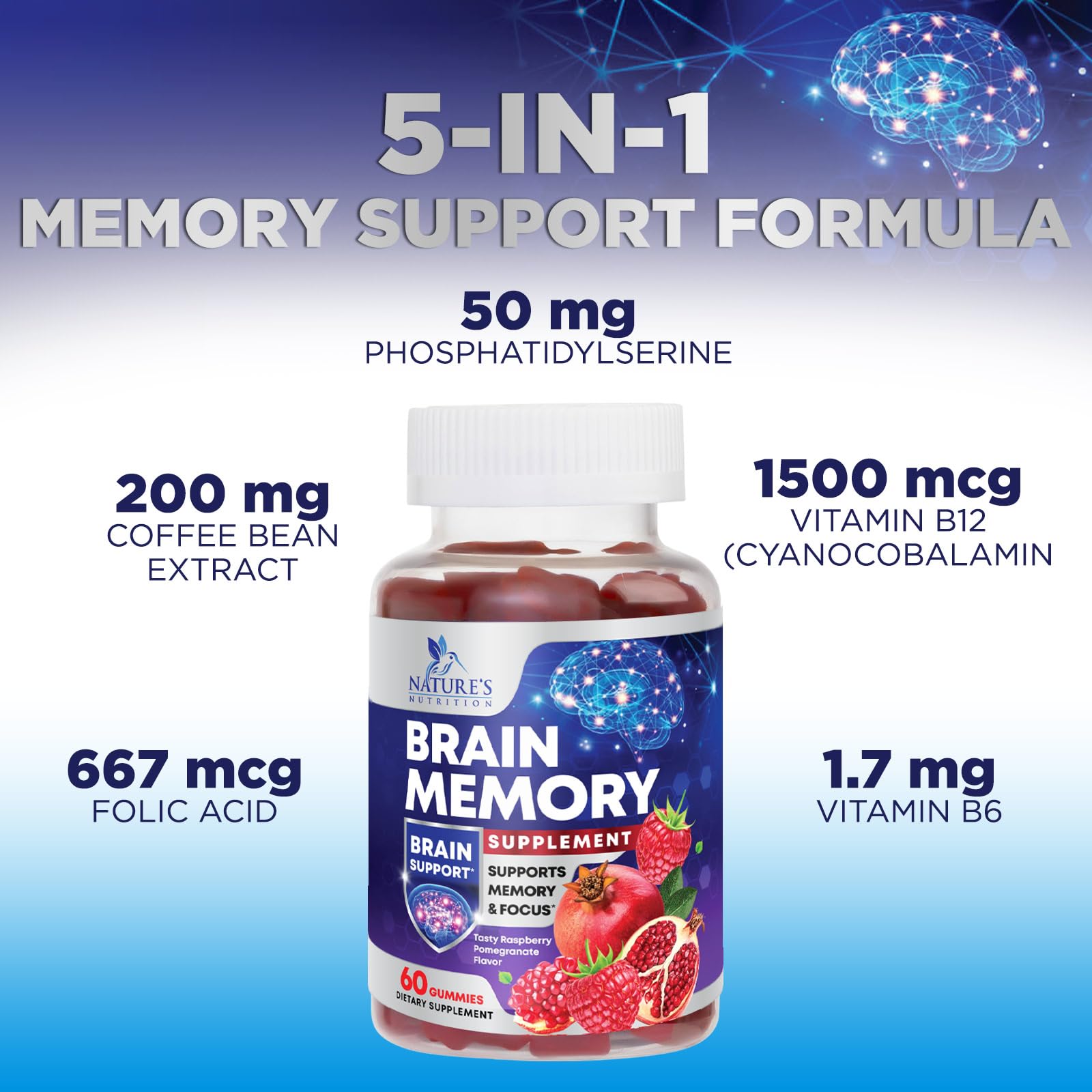 Brain Supplements for Memory & Focus Gummies - Brain Health Clarity with B6 B12 & Phosphatidylserine - Natural Nootropics Cognitive Concentration & Alertness Support Vitamins - 60 Vegan Gummies Nature's Nutrition uk supplements