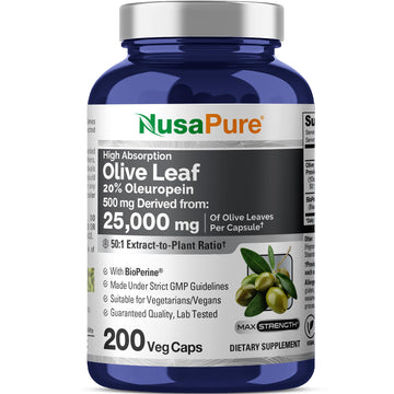 NusaPure Olive Leaf 20% Oleuropein 50:1 Extract, 500 mg Equivalent to 25,000 mg 200 Veg Caps Suitable for Vegetarians and Vegans, Non-GMO NusaPure uk supplements