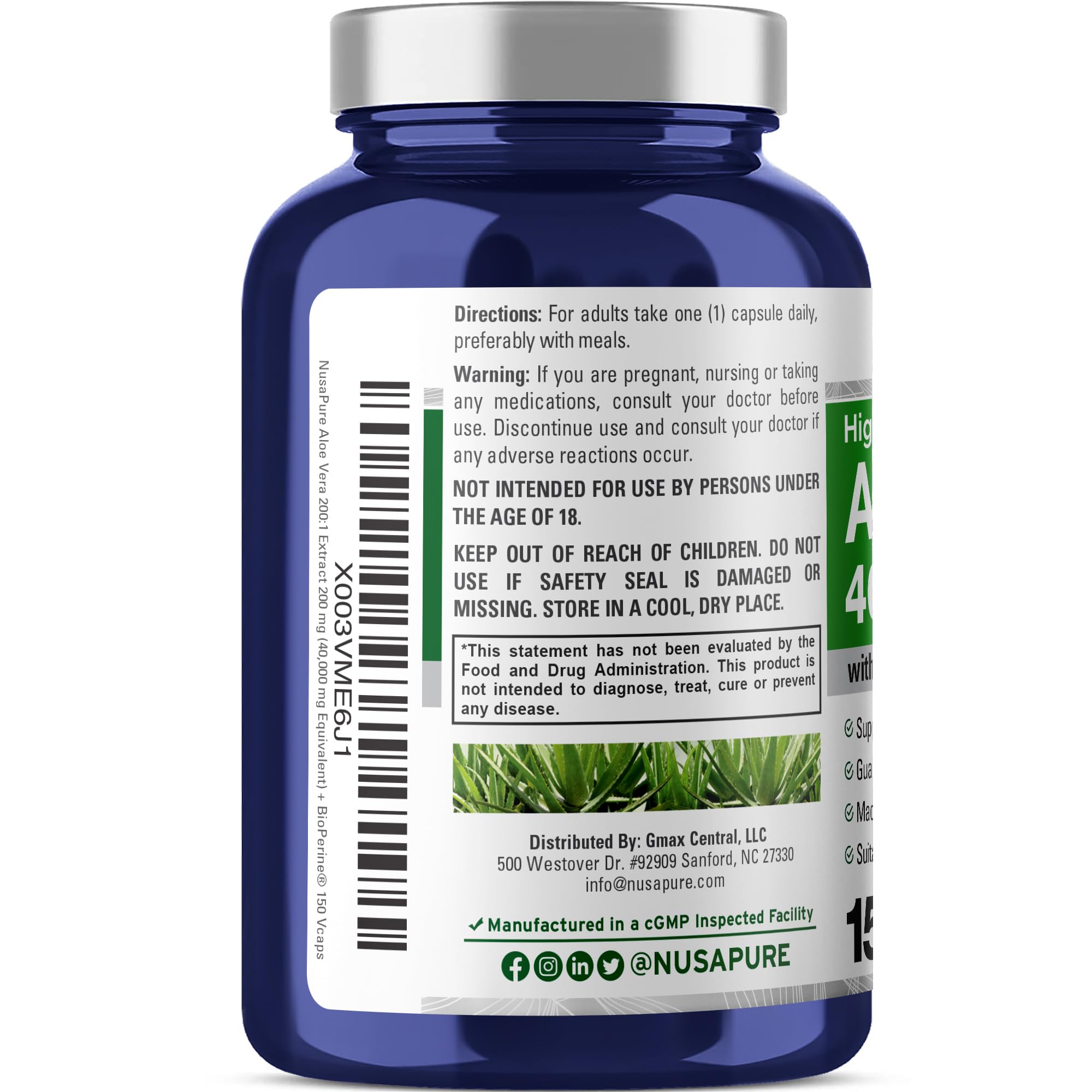 NusaPure Aloe Vera 40,000mg Per Veggie Caps - 150 Count - Aloe Vera Gel Supplement - Extract 200:1, Vegetarian, Non-GMO, Bioperine NusaPure uk supplements