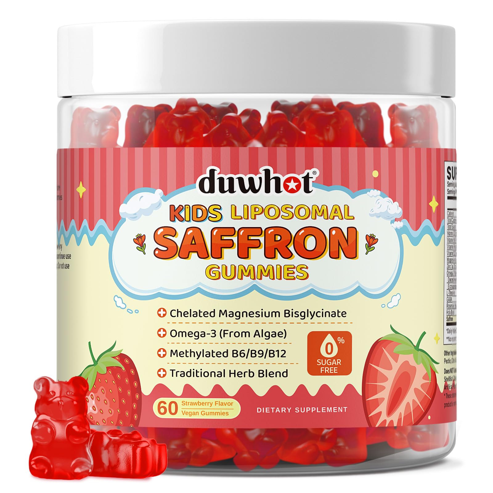 Liposomal Saffron Gummies for Kids 4+, Saffron Supplements w/Holy Basil, Rosemary, Magnesium Glycinate, Omega-3 & More, Brain Focus Support Supplement, Vegan, Organic, Sugar Free, 60 Chewables duwhot uk supplements