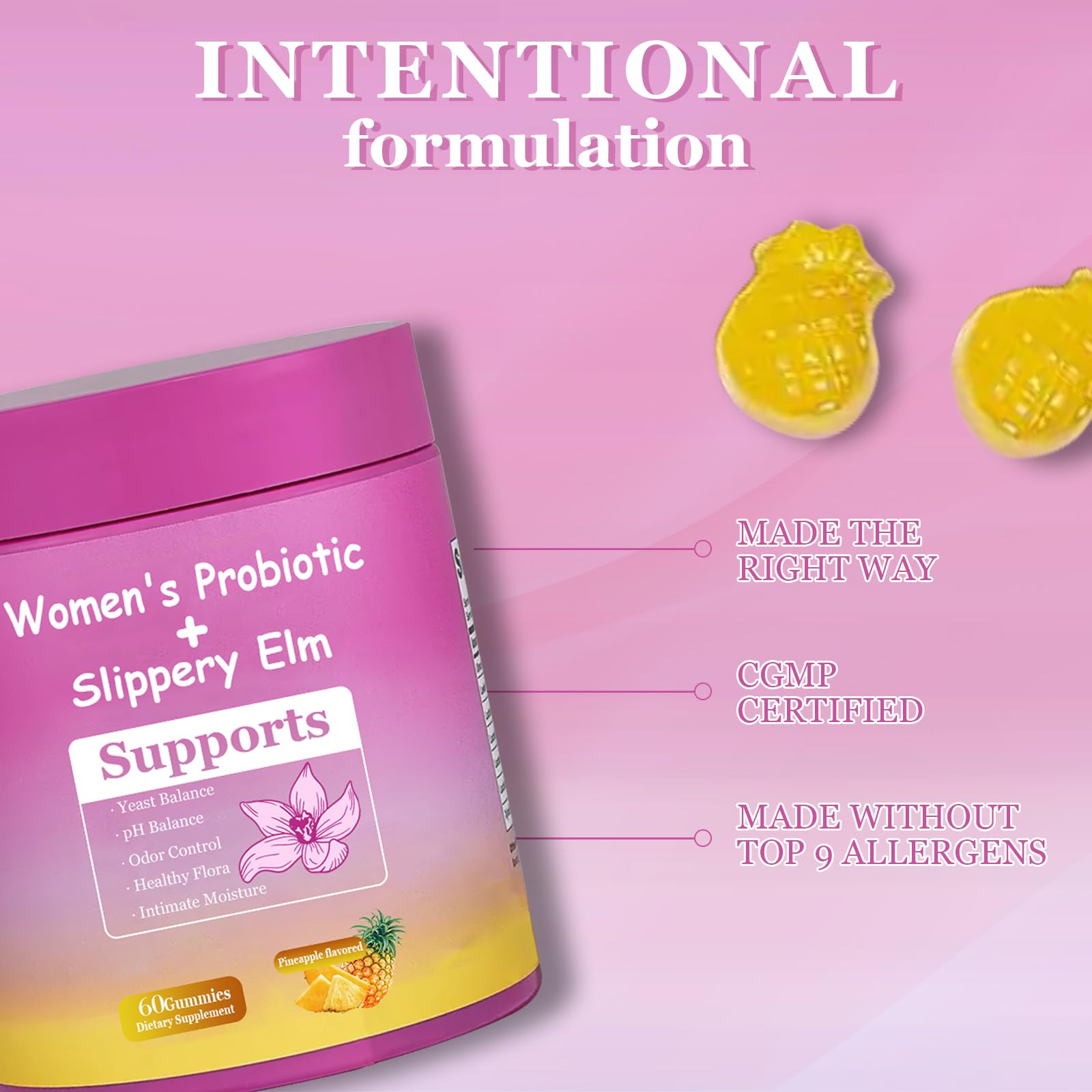DYALE Her Juicy Feminine Probiotics Gummies for Women | Pineapple Flavor | Supports pH Balance, Gut Health & Immune System | with Slippery Elm, Prebiotics & Lactobacillus Blend | 60 Gummies (2pcs) Dyale uk supplements
