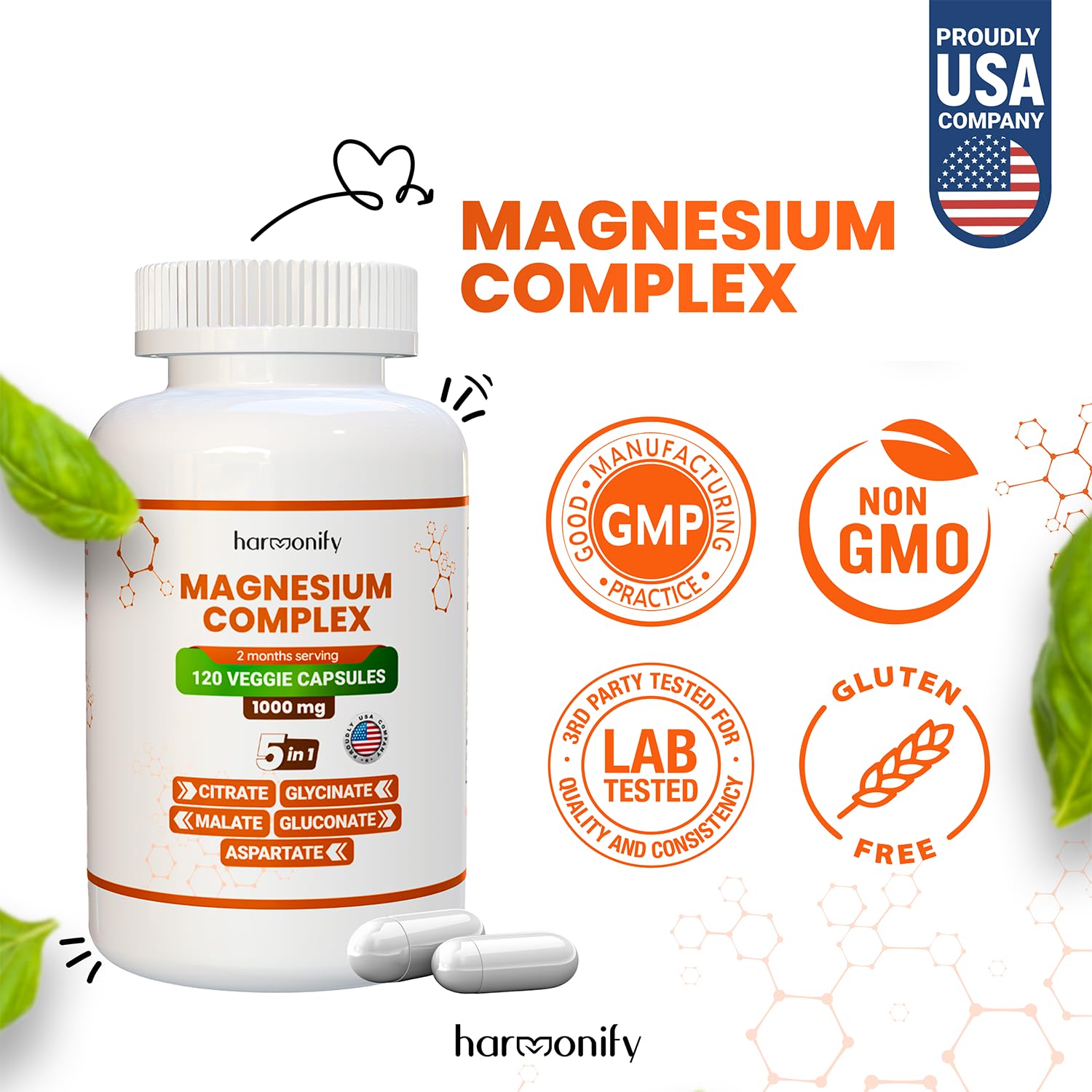 HARMONIFY Magnesium Glycinate Citrate Malate Aspartate Gluconate, 5 in 1 Formula, 120 Purified Veggie Capsule, 1000 mg, Gluten Free, Non-GMO, 60 Days Serving HARMONIFY uk supplements