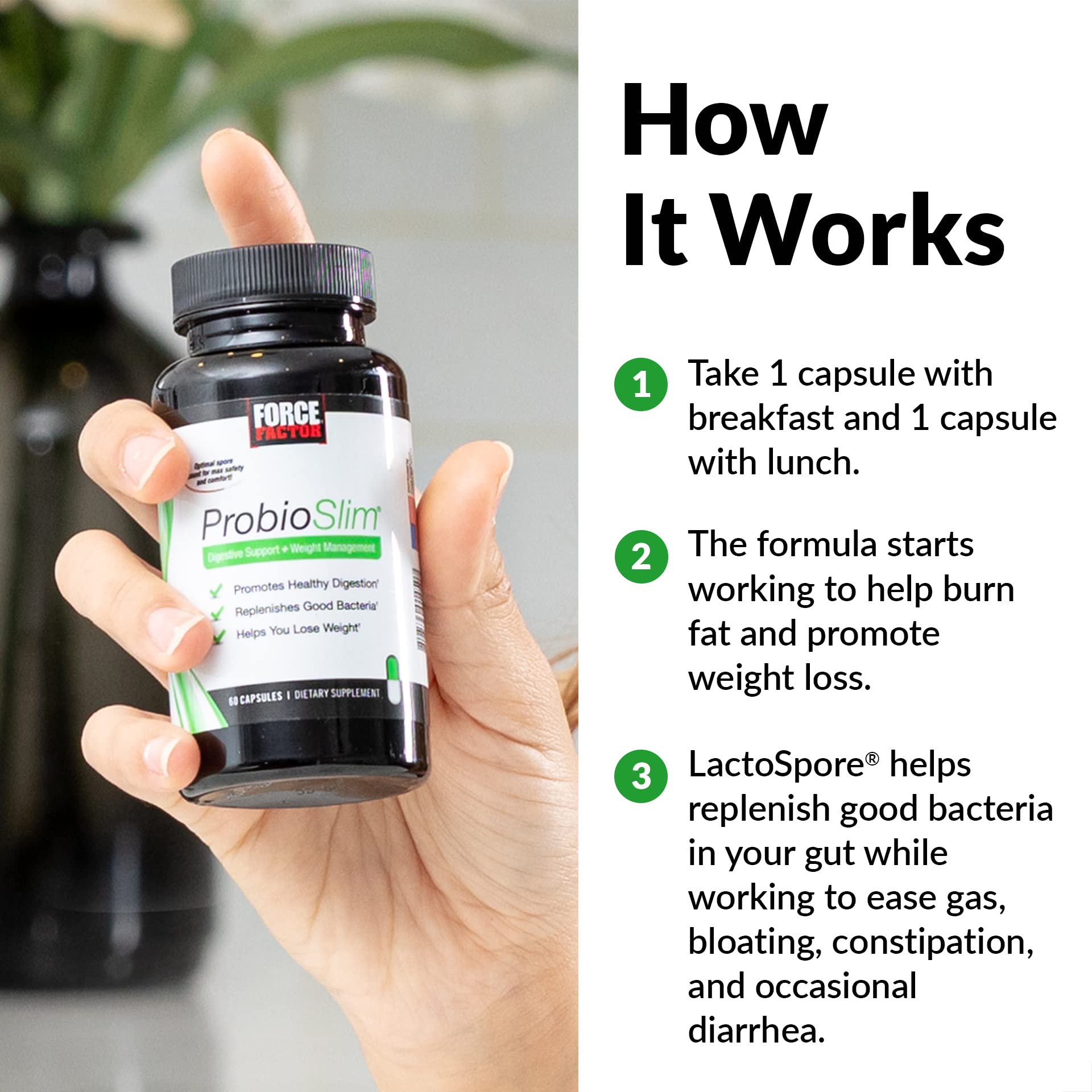 Force Factor ProbioSlim Probiotics for Women and Men, Probiotics for Digestive Health to Reduce Bloating, Gas, & Occasional Diarrhea, with Prebiotics, LactoSpore, & Green Tea for Energy, 60 Capsules ProbioSlim uk supplements