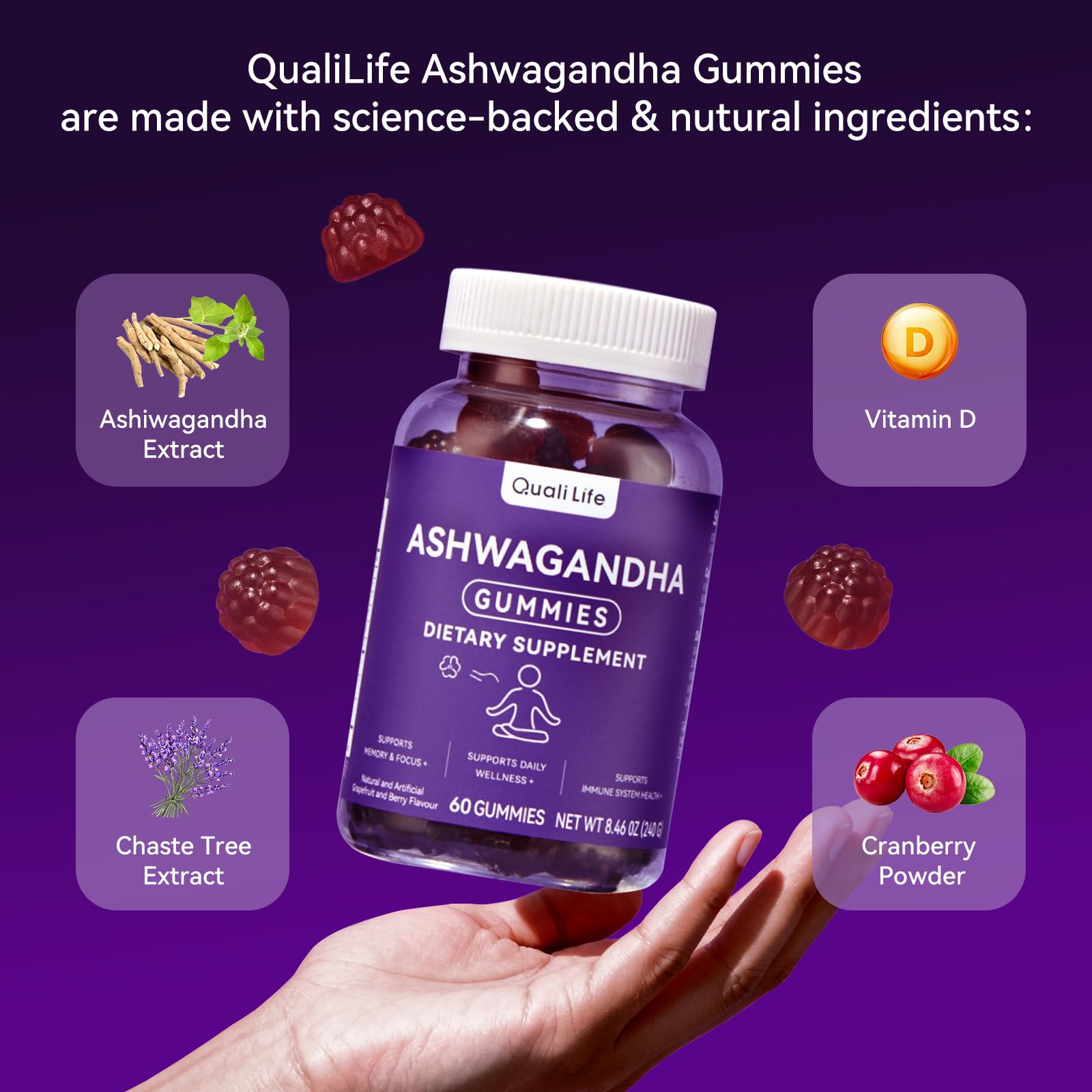 QualiLife Ashwagandha Gummies for Relax & Cortisol Support – High Strength Root Extract with Cranberry & Chaste Tree, Grapefruit & Berry Flavour – Vegan, Non-GMO, Gluten-Free – 60 Gummies (30 Days) QualiLife uk supplements