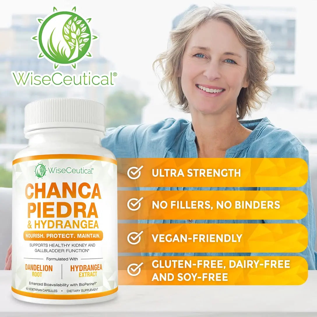 Max Strength Chanca Piedra, Hydrangea & Dandelion Root - Natural Kidney & Gallbladder Formula - Stone Breaker, Flush Impurities, Cleanse Urinary Tract - Enhanced with BioPerine. 60 Veggie Capsules. Wiseceutical uk supplements