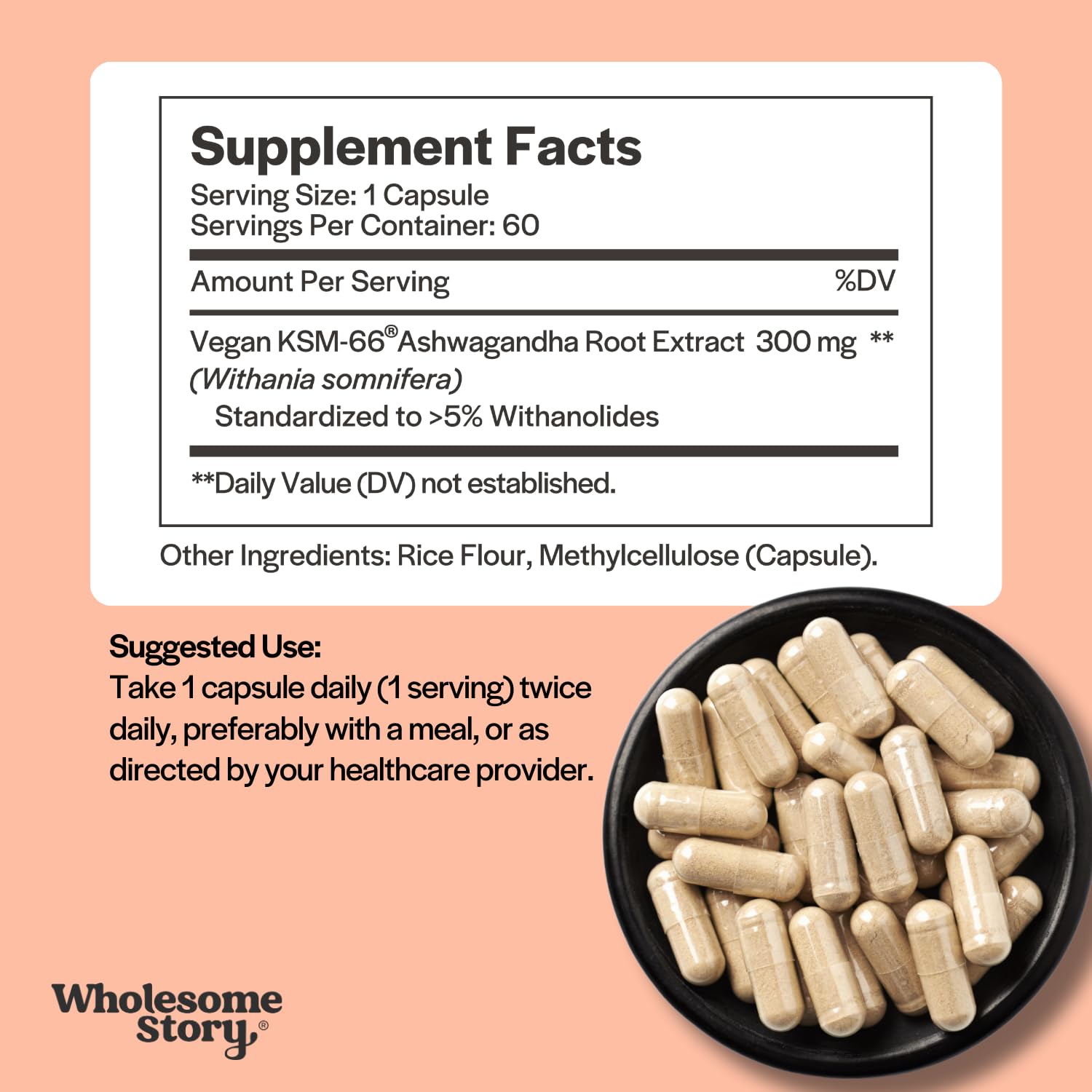 Vegan KSM 66 Ashwagandha Capsules| High Potency 5% Withanolides | Ashwagandha Root Extract Supplements | Ashwagandha 300mg | Stress Management & Well Being Support | 60 Ashwaganda Pills Wholesome Story uk supplements