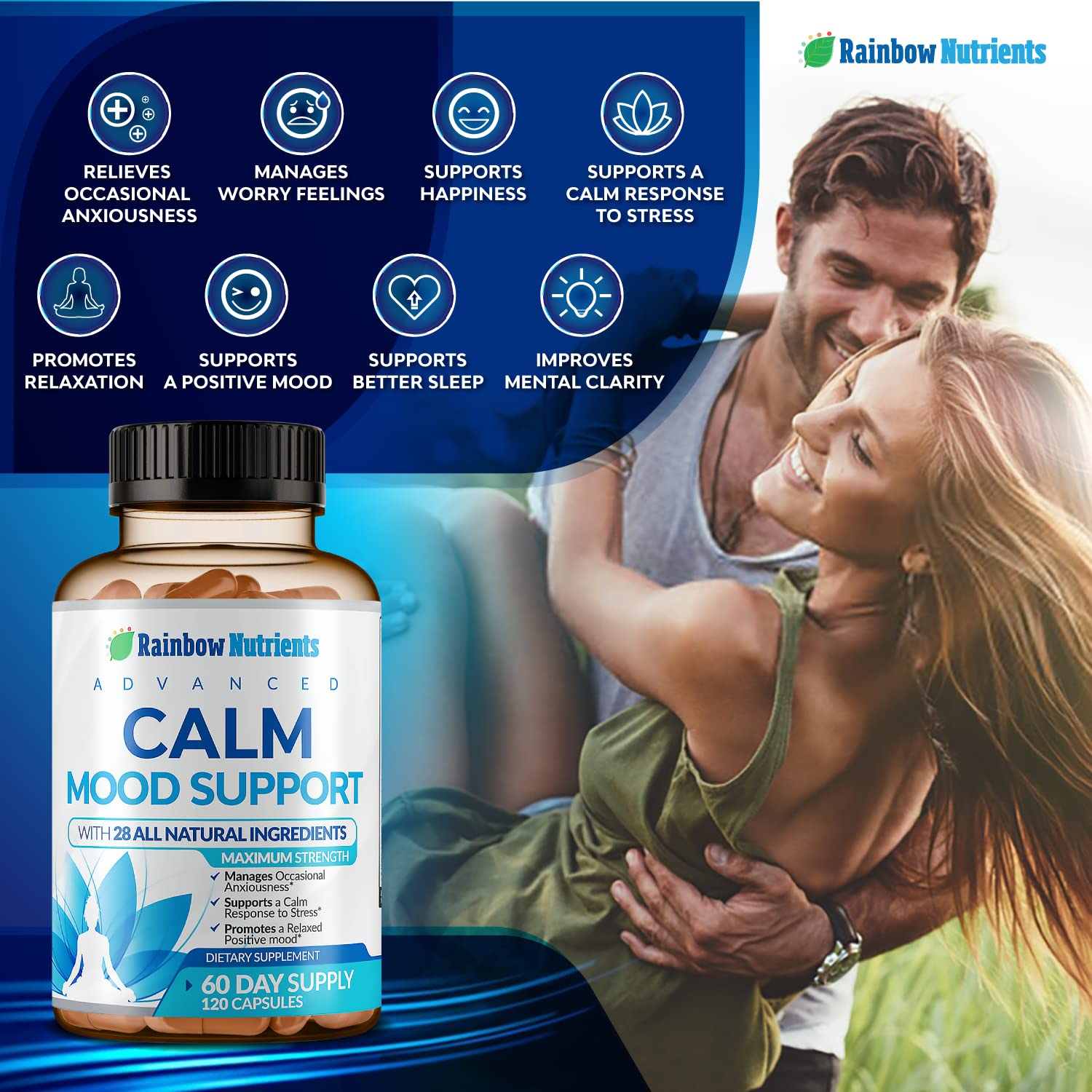 28 in 1 Calm Mood Support Supplement- Natural Happy Pills for Occasional Anxiousness & Stress, Worry feelings, Relaxation, Mental Clarity | Max Sleep & Mood Support for Women & Men|120 Vegan Capsules Rainbow Nutrients, LLC uk supplements