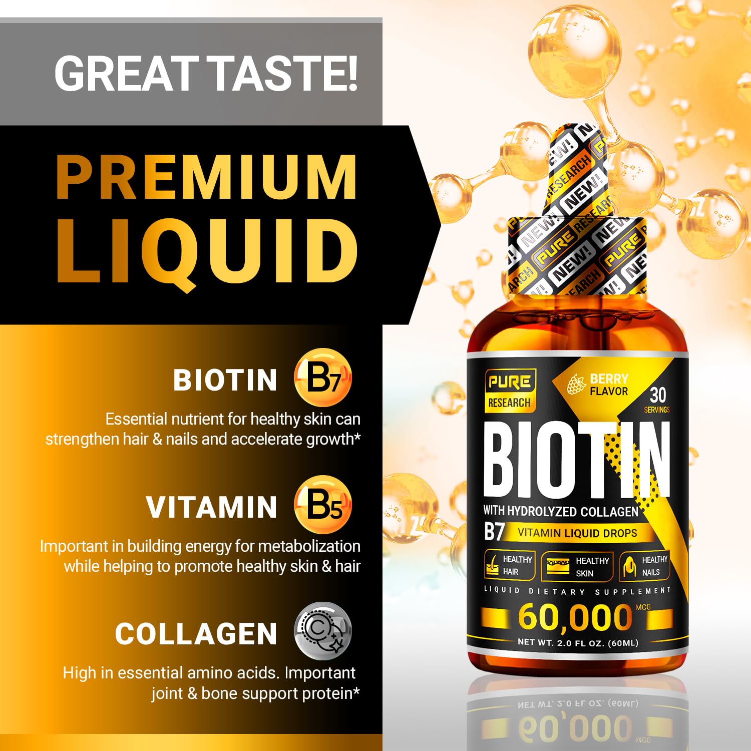 PURE RESEARCH Liquid Biotin & Collagen Hair Growth Drops 60,000mcg – Biotin and Liquid PURE RESEARCH uk supplements