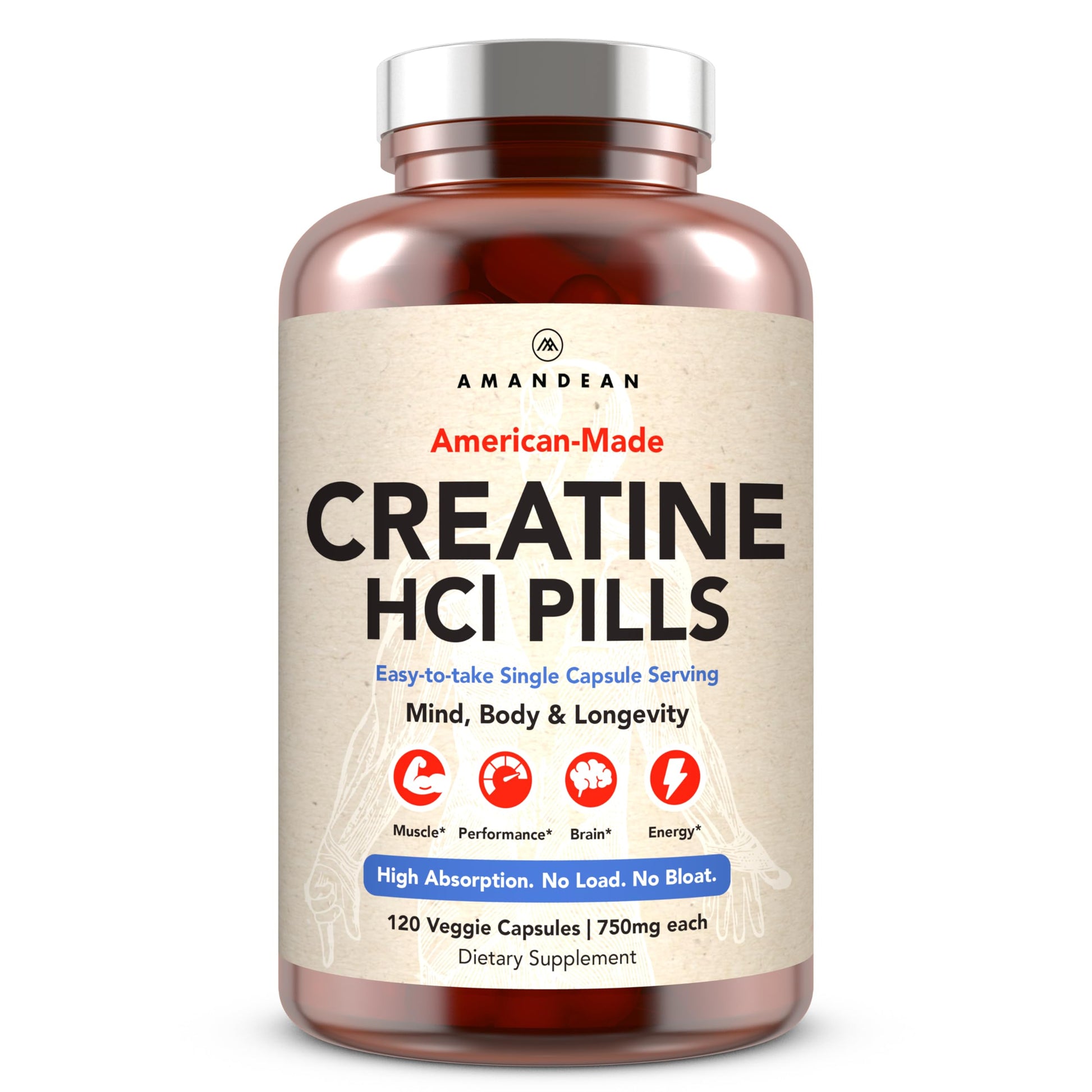 AMANDEAN Creatine HCl Pills. American Made CON-CRET. 120 Capsules. 7X Concentrated vs Monohydrate Powder. No Bloat. Muscle, Energy, Cognitive, Recovery Support for Men & Women. Gluten Free, Non-GMO. AMANDEAN uk supplements