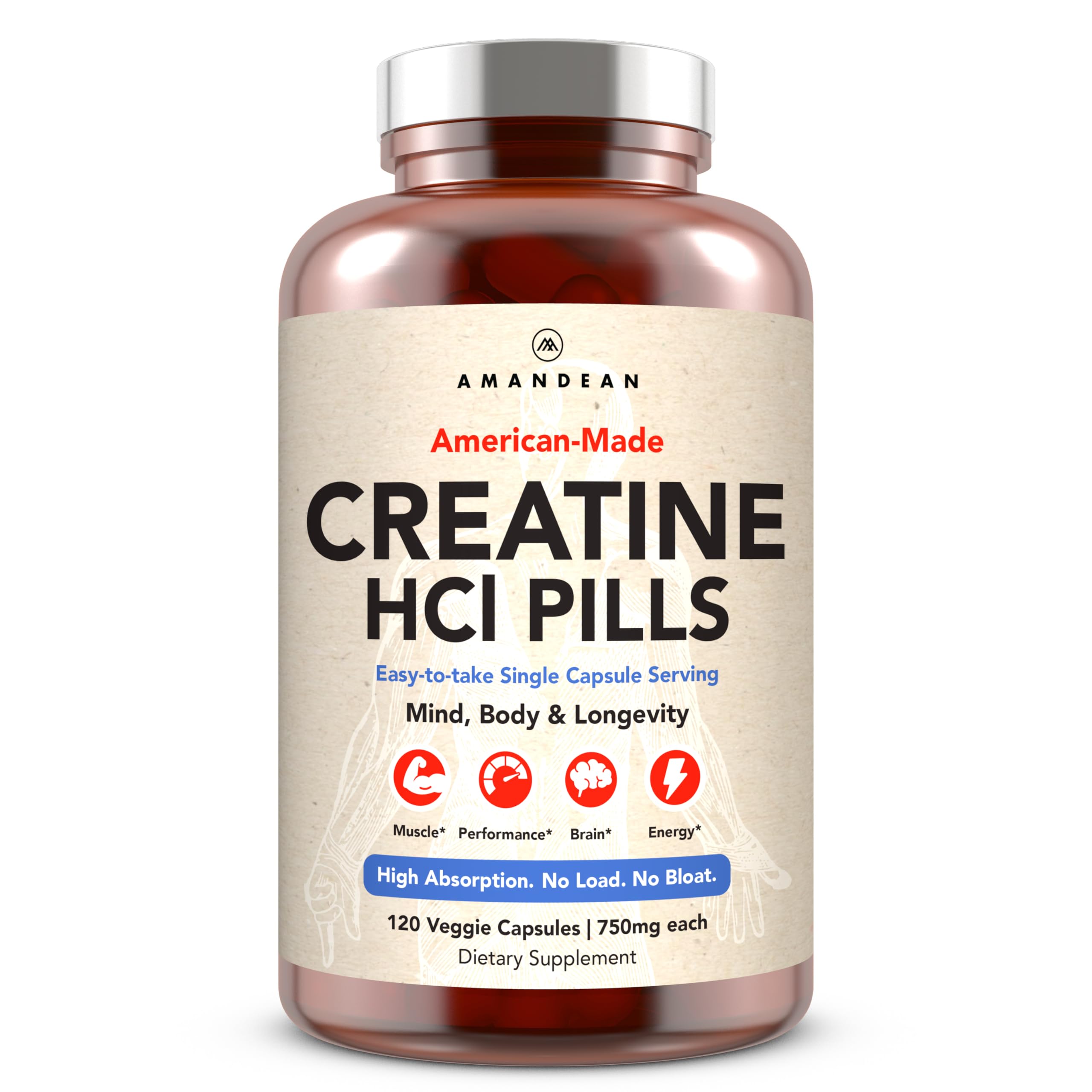 AMANDEAN Creatine HCl Pills. American Made CON-CRET. 120 Capsules. 7X Concentrated vs Monohydrate Powder. No Bloat. Muscle, Energy, Cognitive, Recovery Support for Men & Women. Gluten Free, Non-GMO. AMANDEAN uk supplements