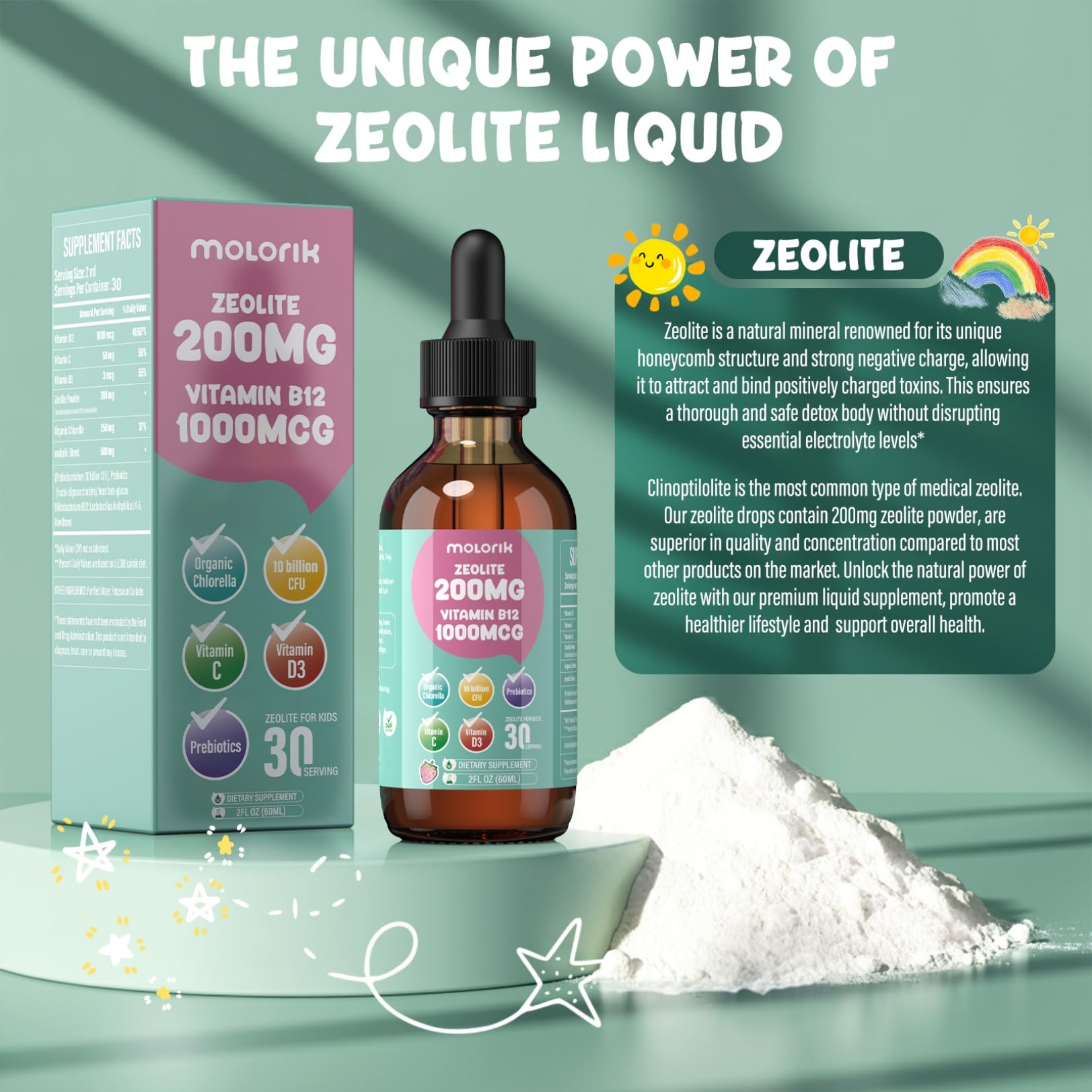 Zeolite Detox for Kids and Adults, 200mg Zeolite Liquid Drops with 1000mcg Vitamin B12, Organic Chlorella, 10 billion CFU & Prebiotics for Gut Support & Speech, Immune, Bone, Energy*, Strawberry, 60ML molorik pure uk supplements