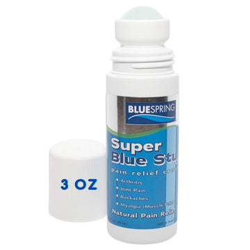 Super Blue Stuff Natural Pain Relief roll on with Emu Oil by BlueSpring- Pain relief rub Anti Inflammatory Analgesic Cream for Back, Knee, Joint, Muscle, Arthritis, and neck Pain Relief- 3 Oz roll-on. Emu Therapy uk supplements