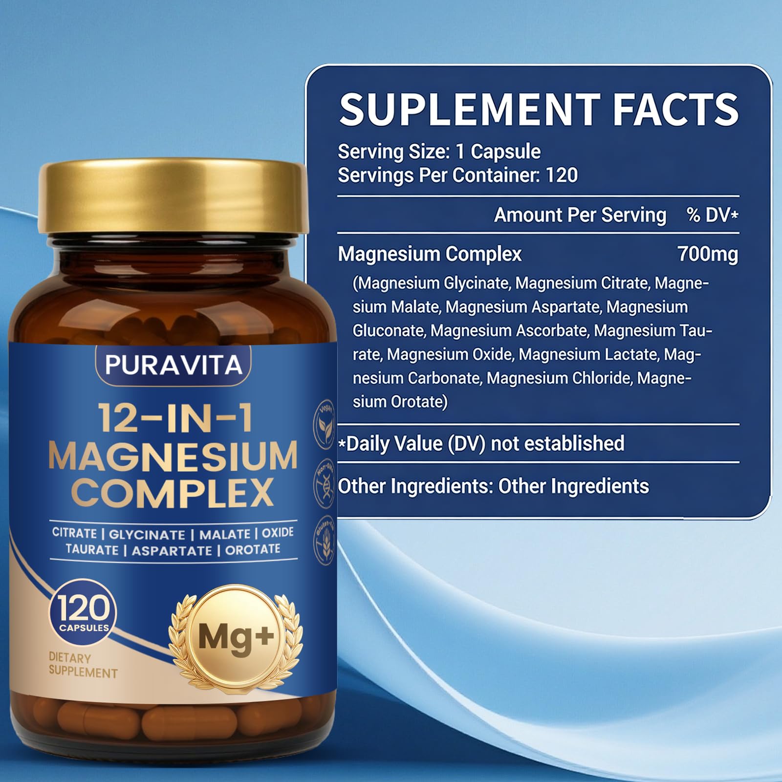 Puravita Magnesium Complex - Puravita 12 in 1 Magnesium Supplement with Glycinate, Citrate, Malate, Oxide, Taurat & More for Muscle, Nerve & Sleep Support, 120 Count PURAVITA uk supplements