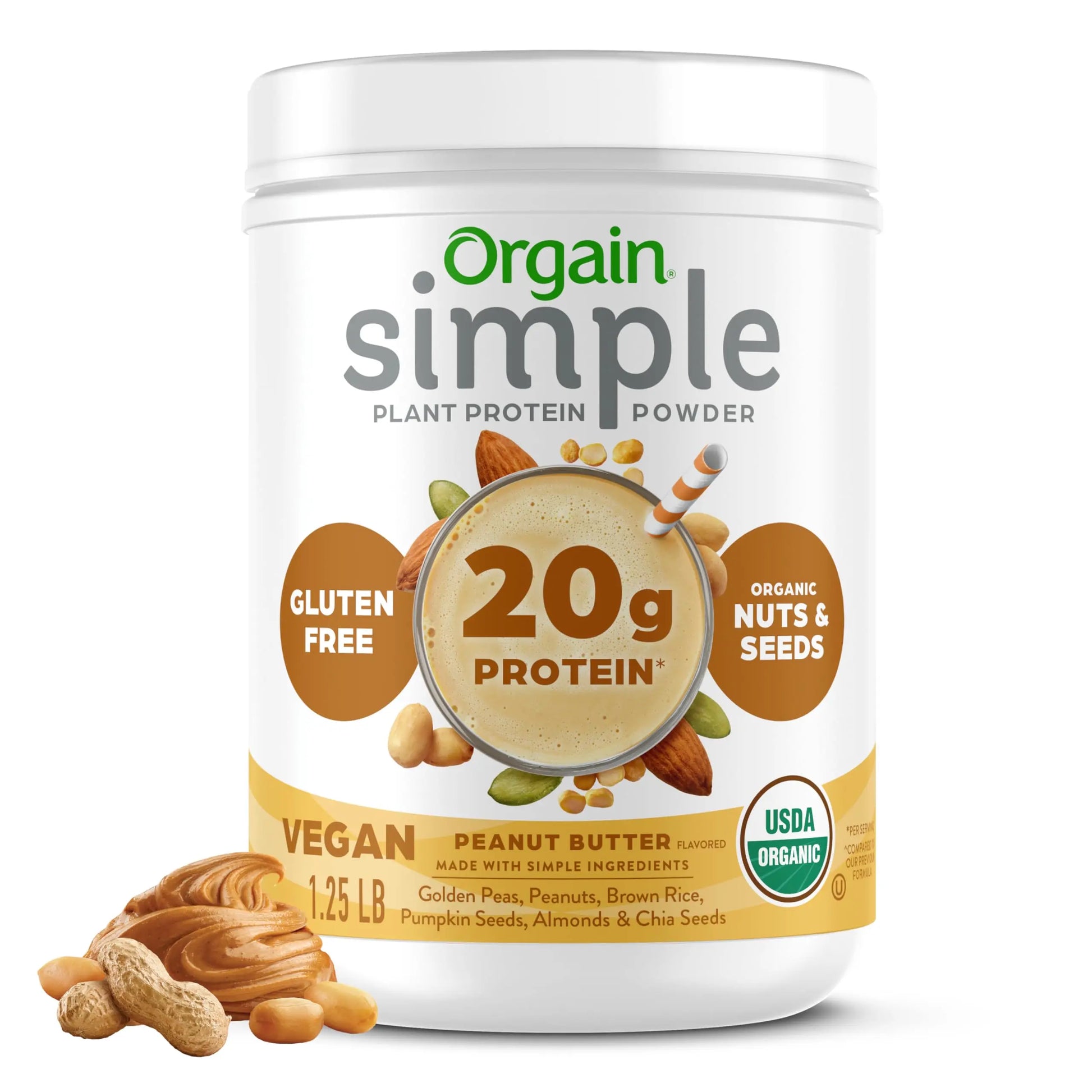 Orgain Organic Simple Vegan Protein Powder, Peanut Butter - 20g Plant Based Protein, With less Ingredients, No Artificial Sweeteners, Gluten Free, No Dairy or Lactose, 1.25 lb (Packaging May Vary) Orgain uk supplements