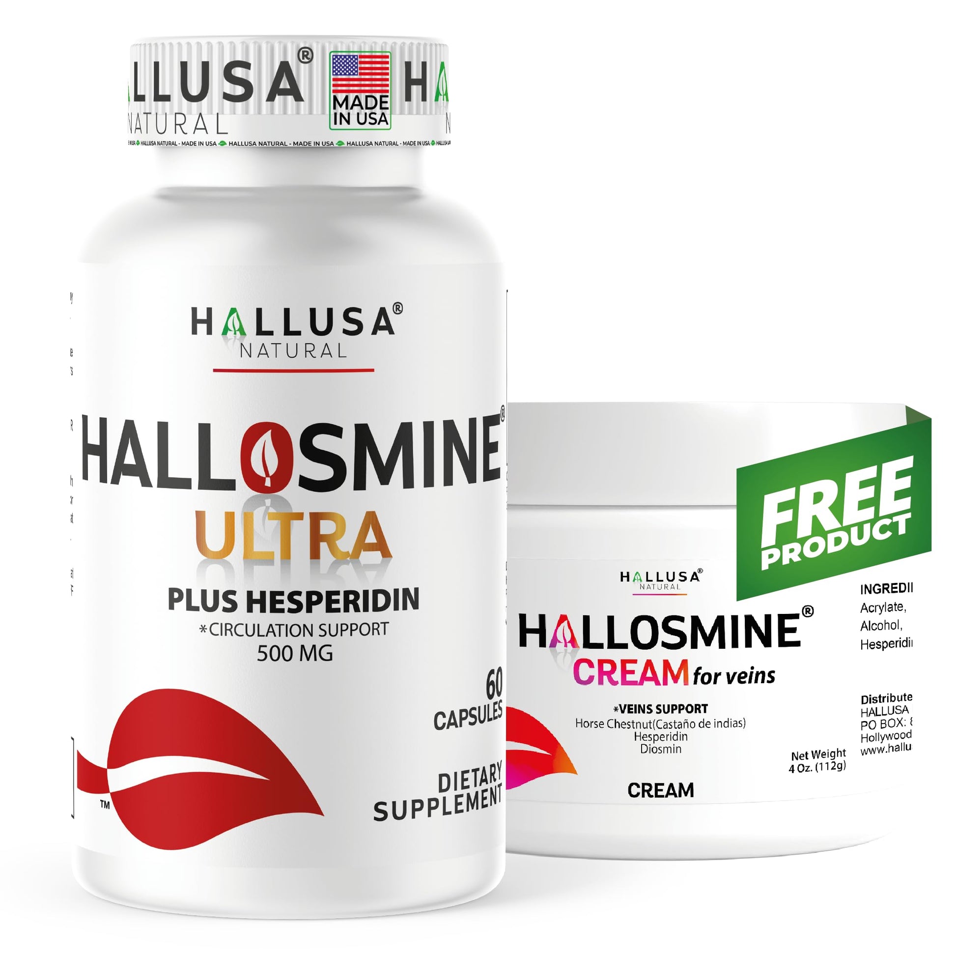 Hallosmine Ultra 650mg Diosmin Hesperidin, 60 Capsules + FREE Leg Cream with Diosmin, Hesperidin & Horse Chestnut, 4 oz | Blood Circulation & Vein Support Supplement, GMO Free, Gluten Free Hallusa Natural uk supplements