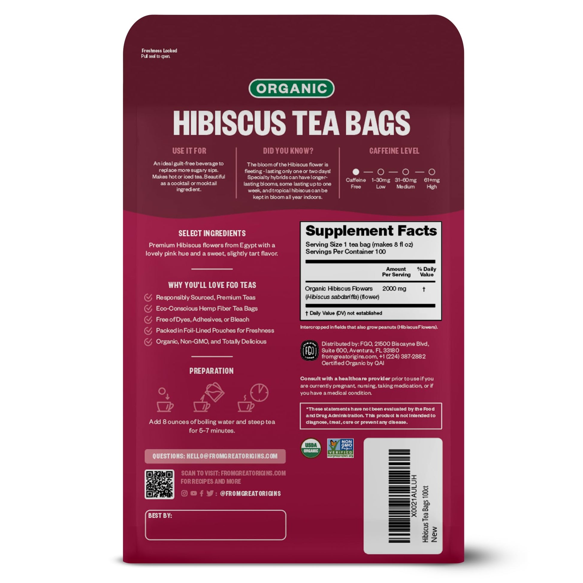 FGO Organic Hibiscus Tea, Eco-Conscious Tea Bags, 100 Count, Packaging May Vary FGO uk supplements