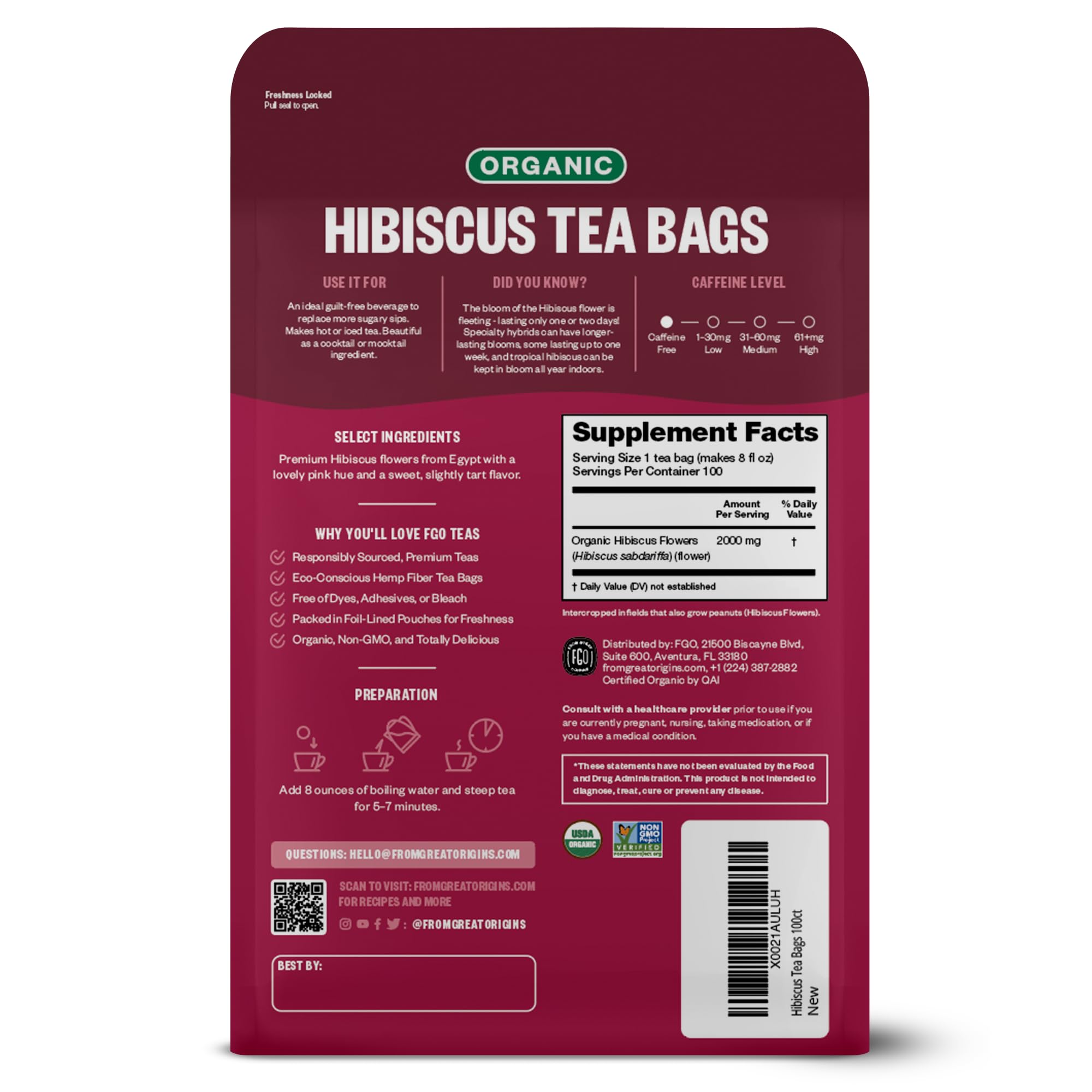 FGO Organic Hibiscus Tea, Eco-Conscious Tea Bags, 100 Count, Packaging May Vary FGO uk supplements