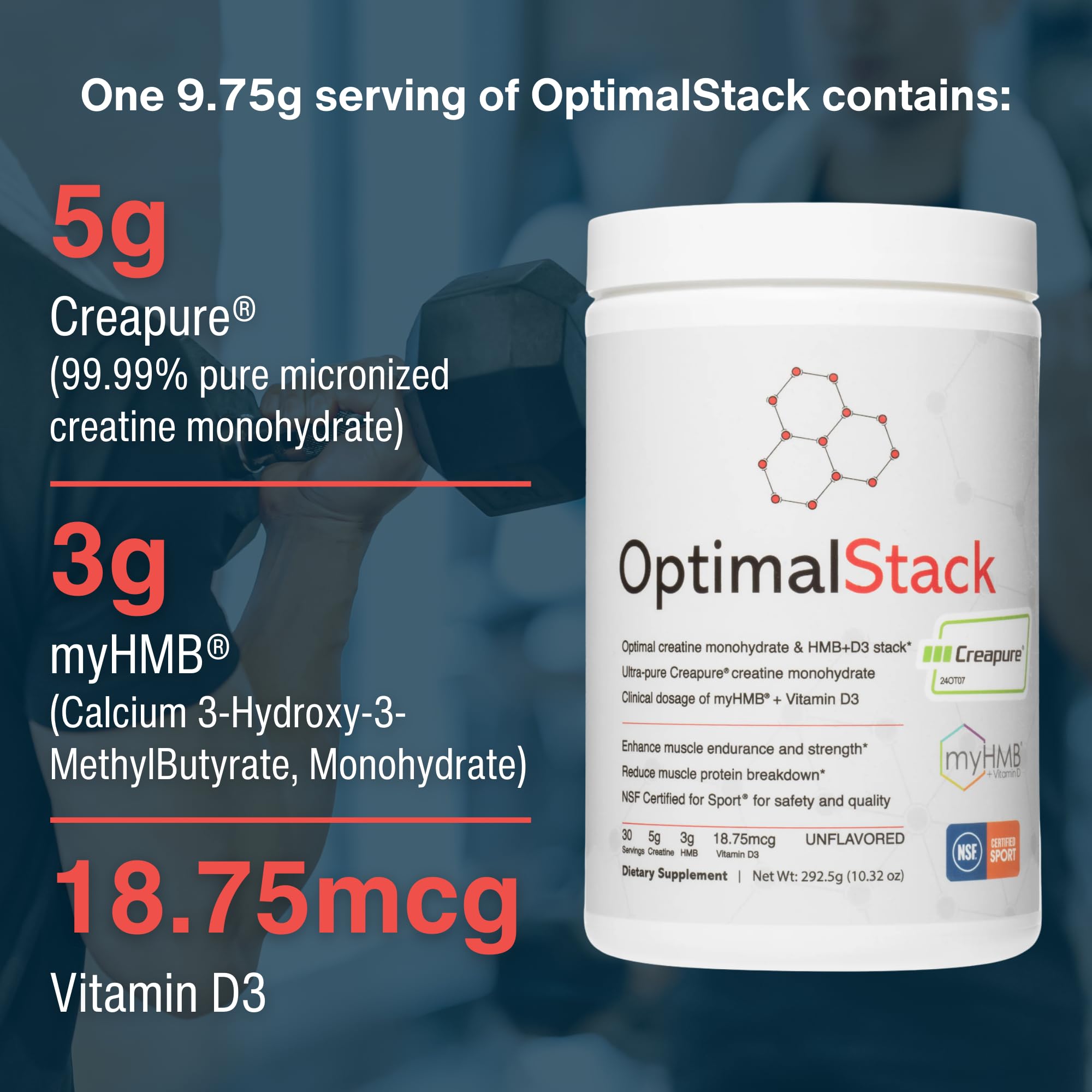 OptimalStack Creatine Monohydrate, HMB, & Vitamin D3 Stack | with Creapure Creatine, Clinical Dosage of myHMB, and Vitamin D3 | NSF for Sport Certified | Unflavored, 30 Servings OptimalAmino uk supplements