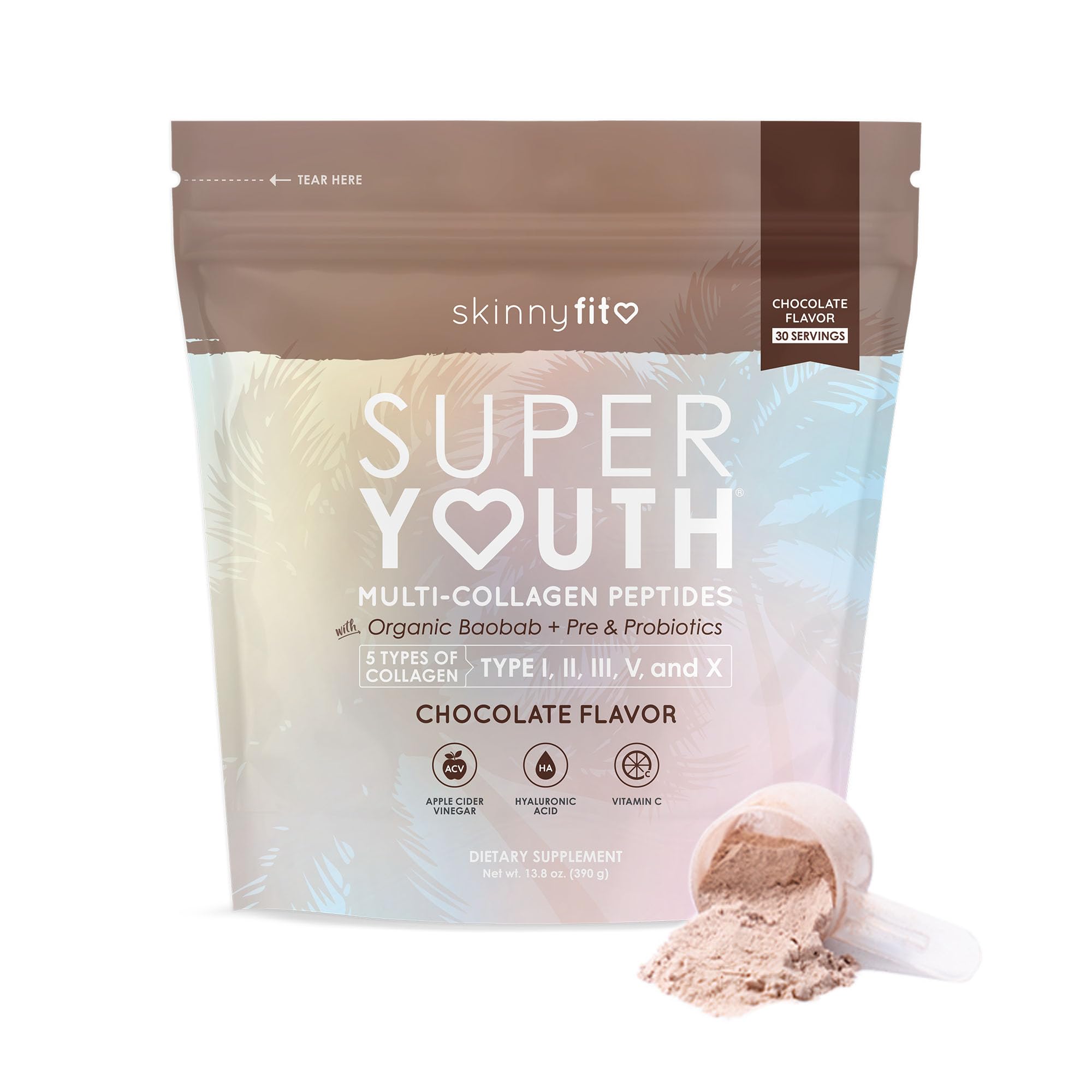 SkinnyFit Super Youth Chocolate Multi-Collagen Peptides + Probiotics, Baobab Fiber SkinnyFit uk supplements
