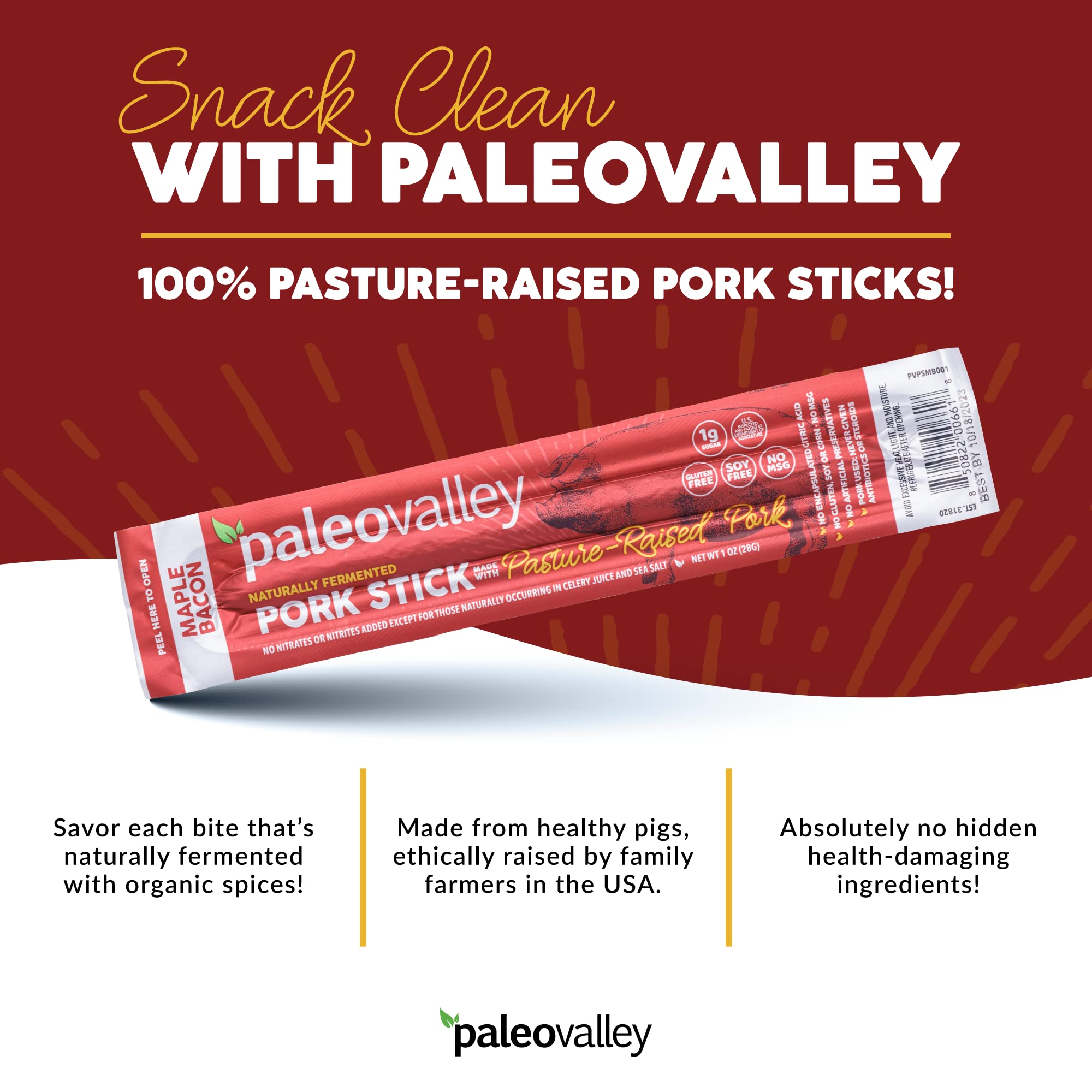 Paleovalley Pasture-Raised Pork Sticks - Maple Bacon Flavor Meat Sticks Individually Wrapped, 28g - 10 Sticks - Gluten-Free Protein Snack Paleovalley uk supplements