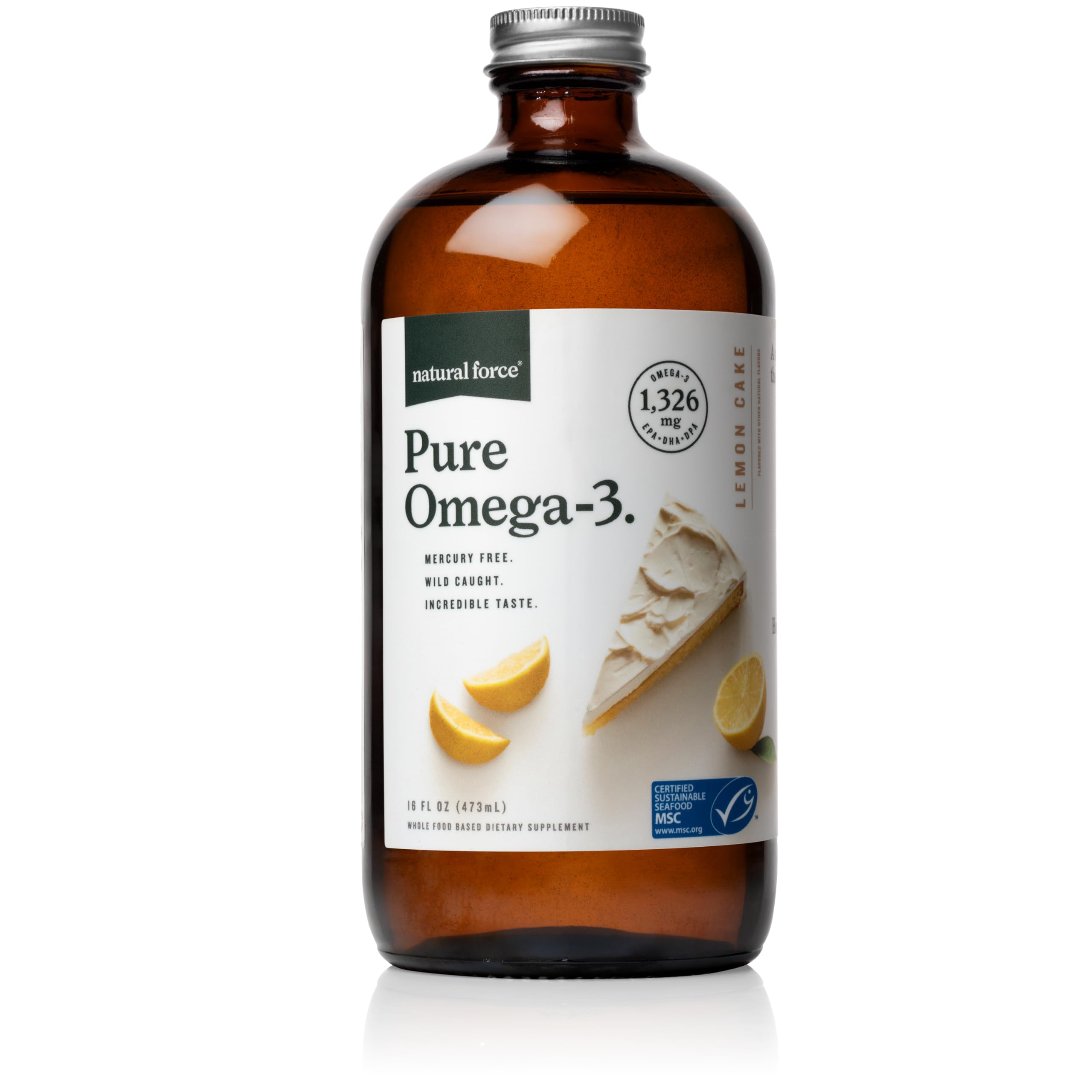 Natural Force Pure Omega 3 - Liquid Fish Oil - Delicious Lemon Cake Flavor - Mercury Free, Wild Caught, Lab Tested - 1,326 mg Triglyceride EPA, DHA, & DPA - 16 Oz Glass Bottle Natural Force uk supplements