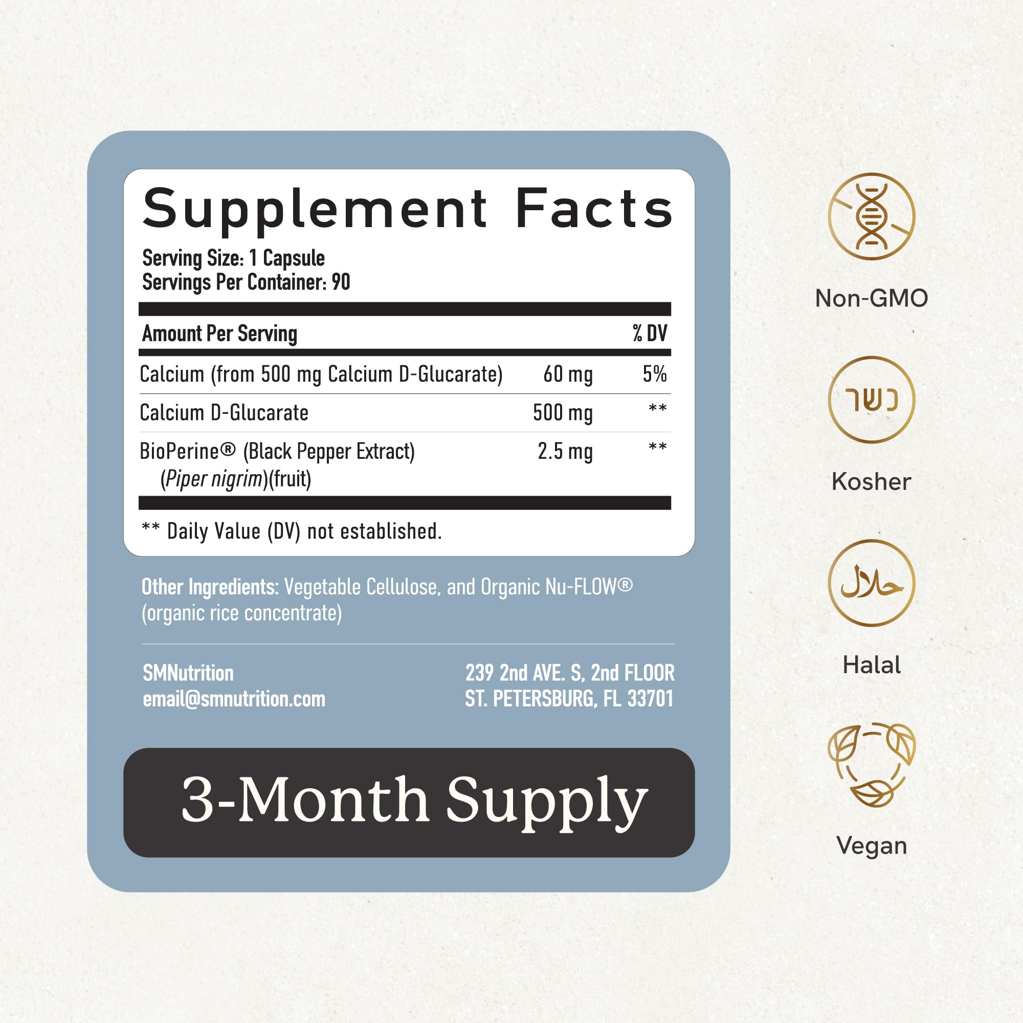 Calcium D-Glucarate | 500MG | CDG for Liver Detox and Cleanse, Hormone Balance, and Menopause Support | Calcium Supplement | Vegan, Non-GMO, Third-Party Tested | 90 Capsules (3-Month Supply) SMNutrition uk supplements