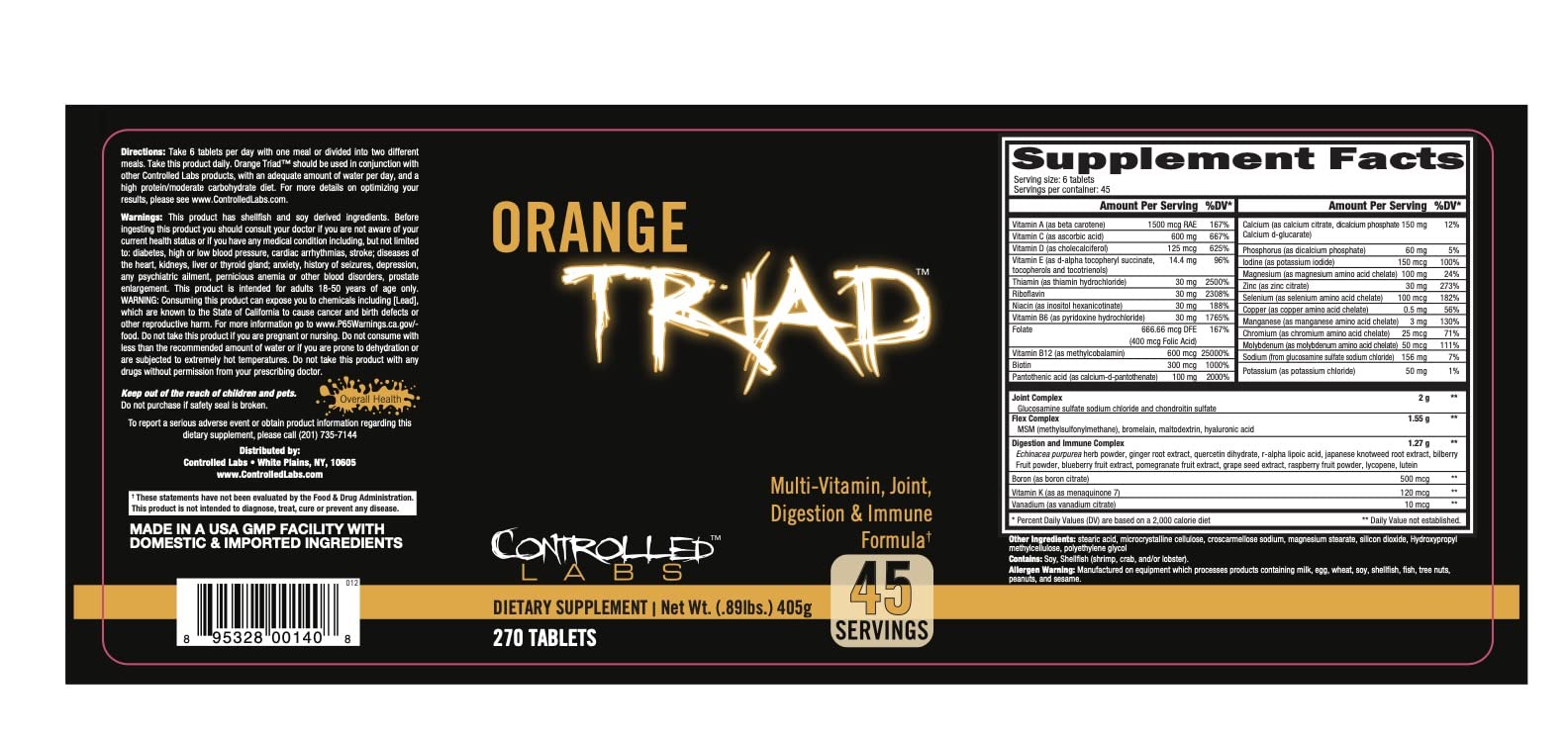 CONTROLLED LABS Orange Triad Daily Multivitamin, Iron Free Sports Supplement for Workout, Digestion, Immune, and Joints, 45 serv - Tablets (270 Count (Pack of 1)) CONTROLLED LABS uk supplements