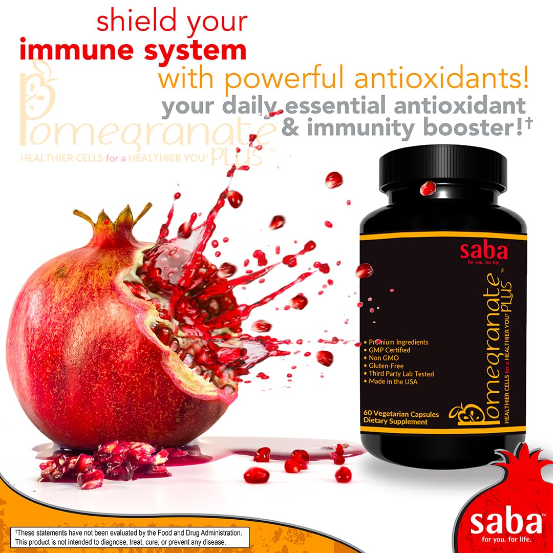 Saba Pomegranate Plus – Antioxidant Supplement with Astaxanthin & Adaptogens | Immune, Skin, Heart & Brain Support | Daily Stress & Cellular Wellness | 60 Capsules Saba uk supplements