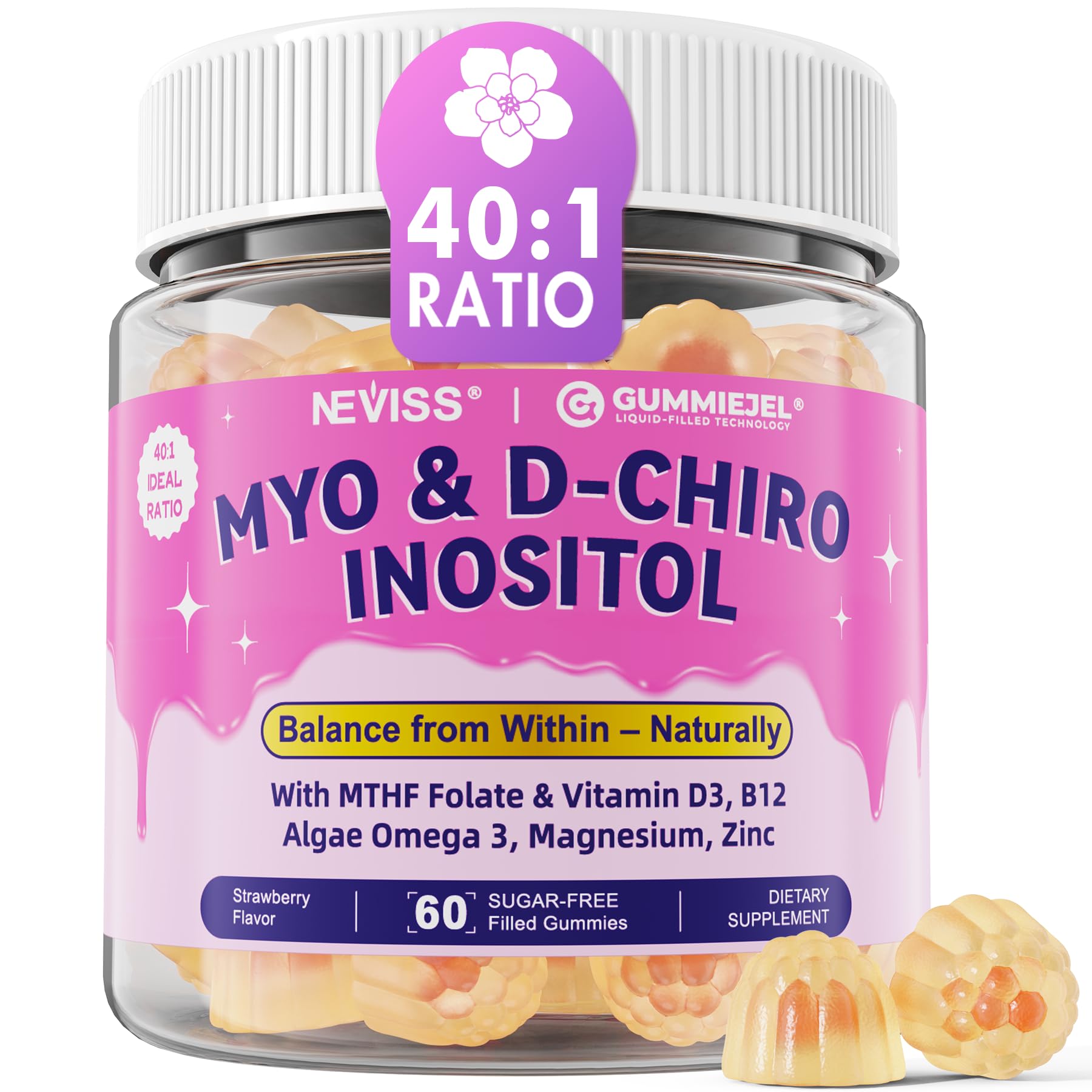 Myo-Inositol & D-Chiro Inositol, Hormone Balance for Women | Sugar Free Inositol Gummies w/Omega 3, MTHF Folate, Vitamin D3, B12, Magnesium & Zinc for Ovarian Health, Ideal 40:1 Ratio, Vegan, 60 Cts NEVISS uk supplements
