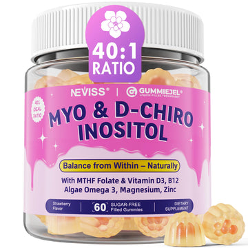 Myo-Inositol & D-Chiro Inositol, Hormone Balance for Women | Sugar Free Inositol Gummies w/Omega 3, MTHF Folate, Vitamin D3, B12, Magnesium & Zinc for Ovarian Health, Ideal 40:1 Ratio, Vegan, 60 Cts NEVISS uk supplements