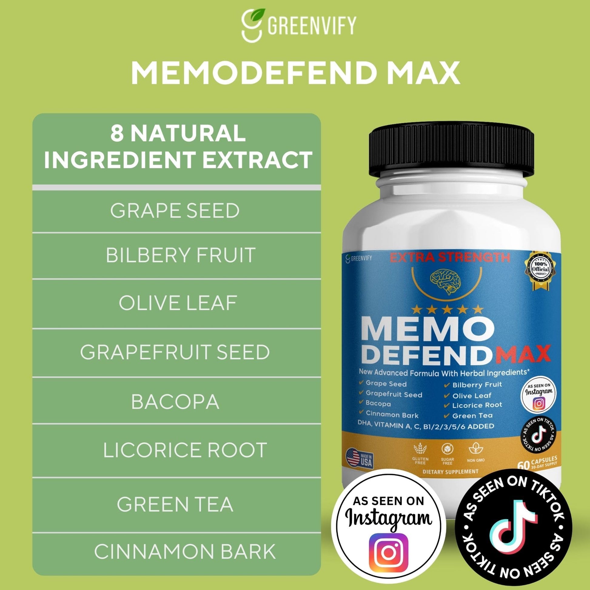 Memo Defend Max Memory Support Supplement, 60 Capsules, with Vitamins A C D E B Complex, DHA, Bacopa, Grapefruit Seed (1) GREENVIFY uk supplements