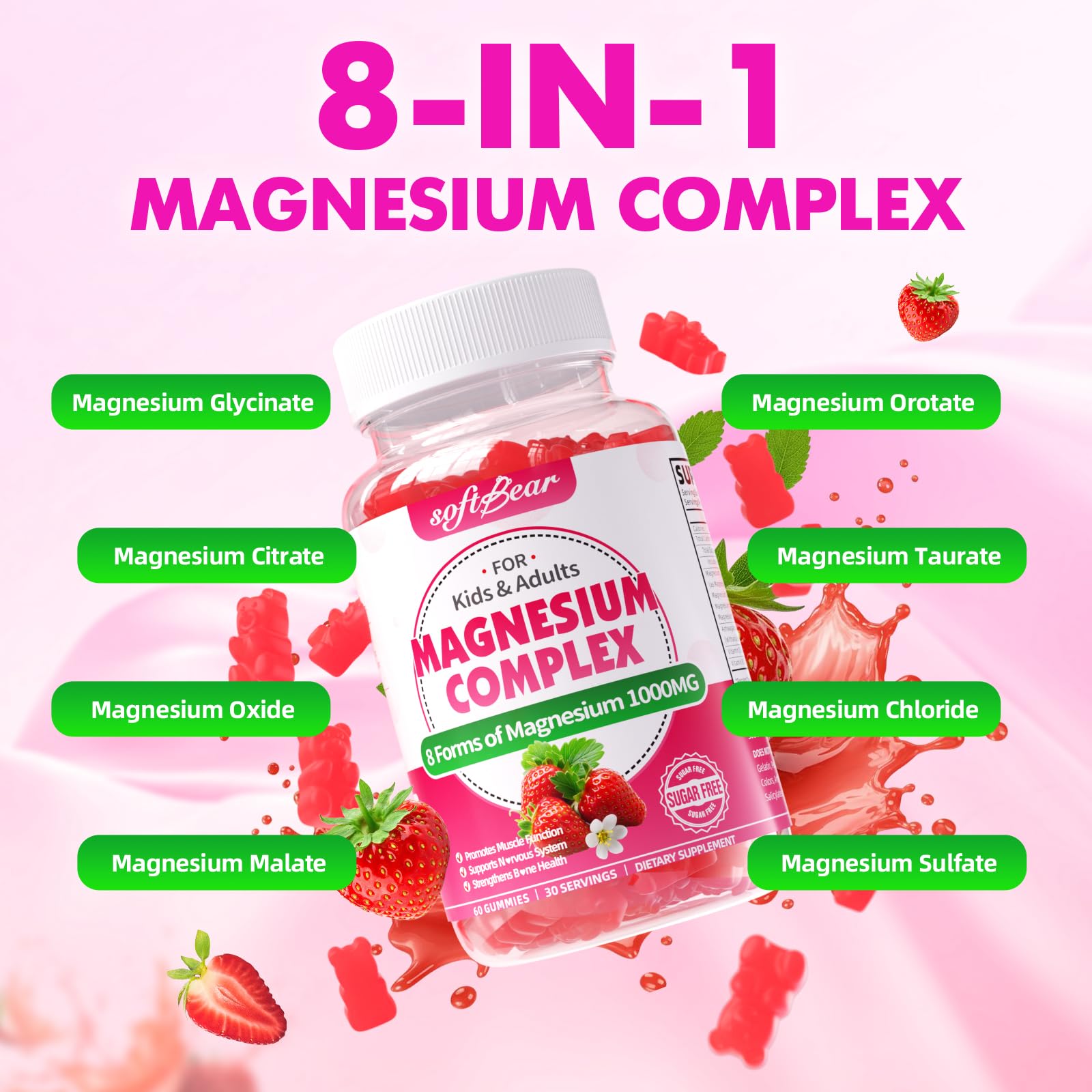 softbear Magnesium Complex Gummies for Women & Men & Kids, 8 in 1 Magnesium Complex Supplement 1000mg-Magnesium Glycinate,Citrate,Malate Supports Calm, Zzz, Muscle Cramp, Strawberry Flavor 120 Count softbear uk supplements