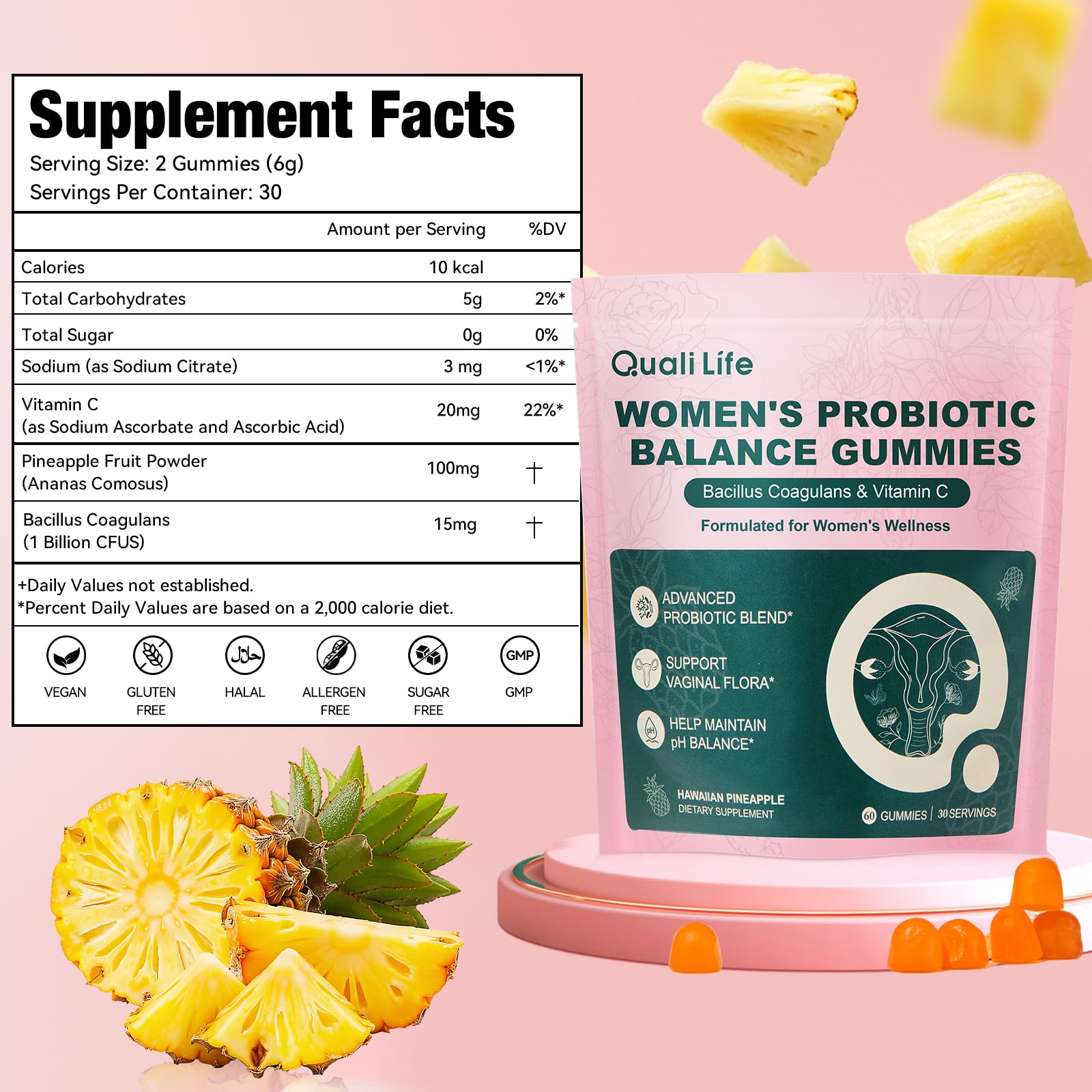 QualiLife Premium Feminine Balance Gummies for Women – Probiotic Vaginal Health Support with Vitamin C – pH Balance & Flora Support – Sugar Free, Vegan, Hawaiian Pineapple Flavor – 60 Gummies (1) QualiLife uk supplements