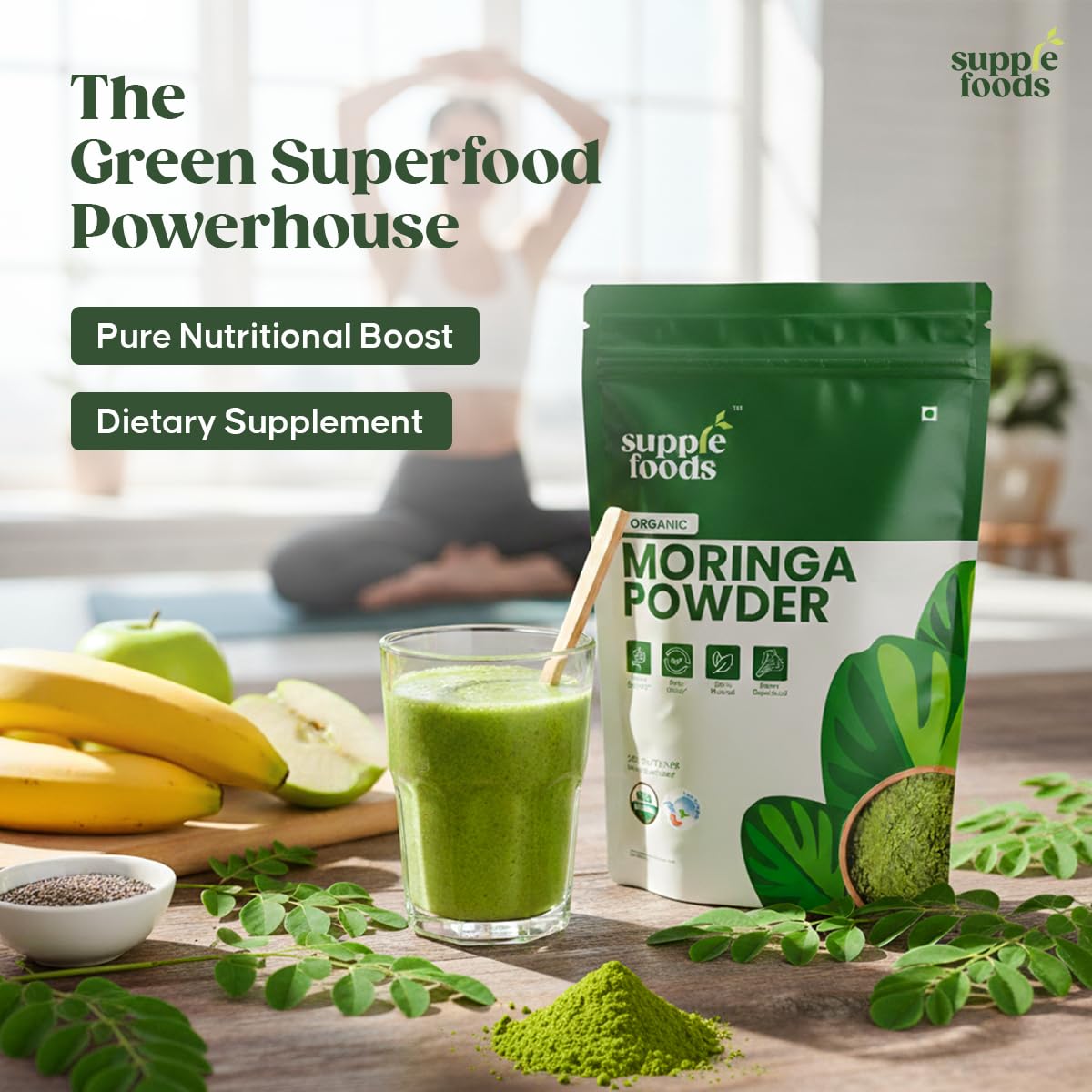 supplefoods Organic Moringa Powder 200 g / 7.05 oz | 100% Natural Green Superfood | Assists Digestion & Daily Detox | Finely Milled Moringa Leaf Powder | USDA Certified Organic Dietary Supplement supplefoods uk supplements