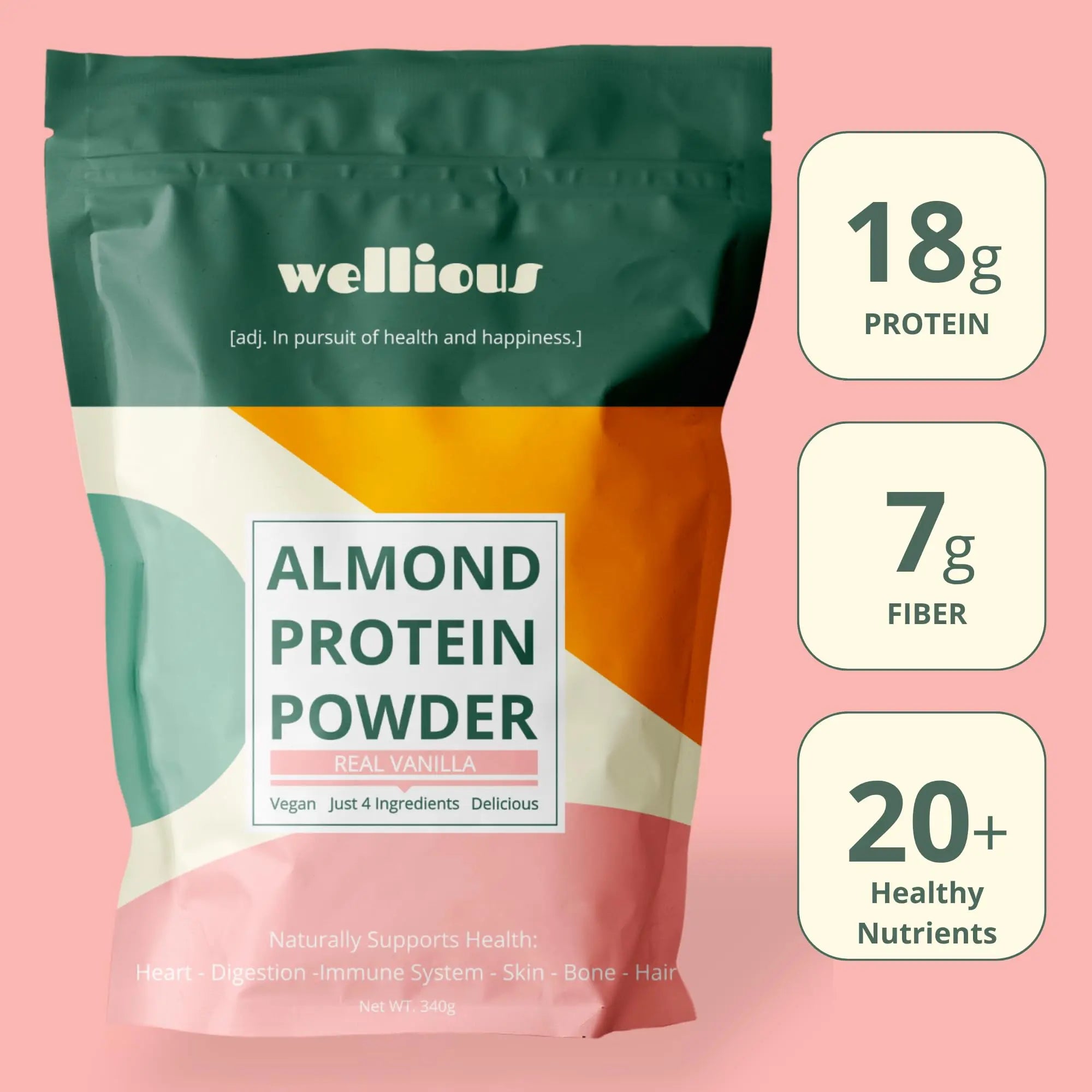 wellious Almond Protein Powder (Vanilla) - 18 Grams of Pure Healthiest Vegan Protein for Women & Men - Perfect Soy-Free & Smooth Gut Friendly Protein Powder for Sports Nutrition wellious uk supplements