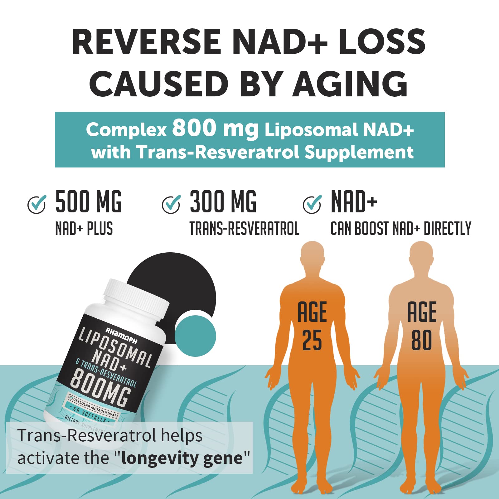 Rhamoph Liposomal NAD+ 800 mg with Trans-Resveratrol 300 mg, Max Absorption, Actual NAD+ Boosting Supplement for Healthy Aging, Cellular Energy, DNA Repair, Longevity - 60 Softgels Rhamoph uk supplements