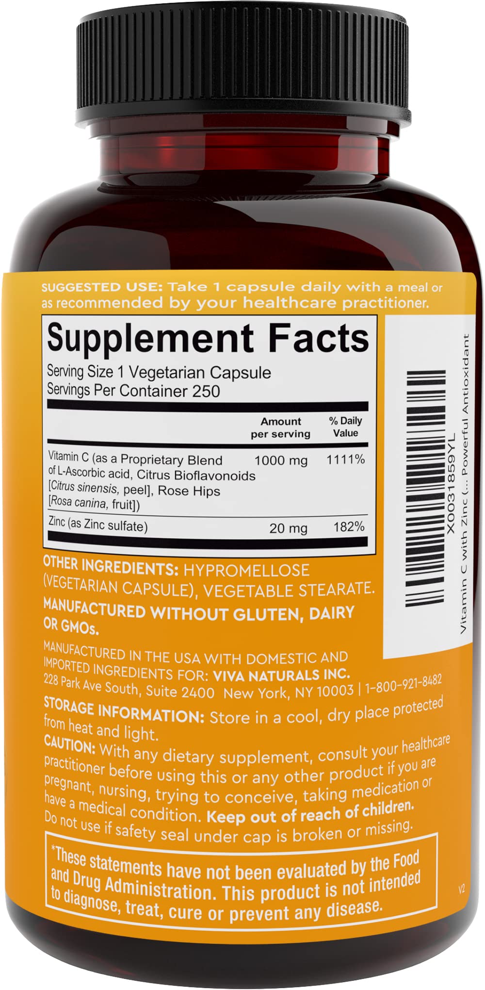 Viva Naturals Vitamin C and Zinc Supplement (250 Capsules) - 1000 mg Vitamin C with Zinc 20 mg Antioxidant Supplements for Immune Support, Vitamin Supplement for Adults Viva Naturals uk supplements