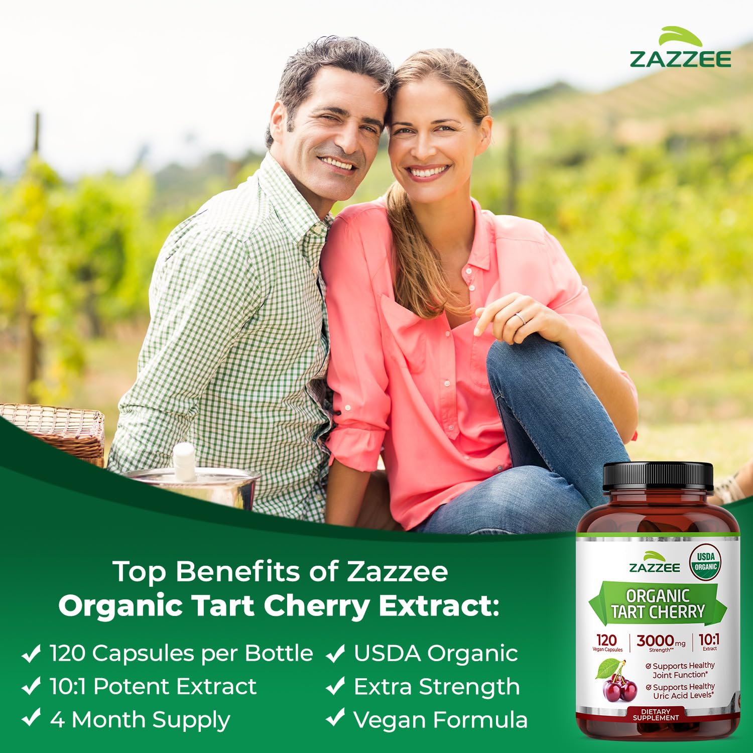 Zazzee USDA Organic Tart Cherry 10:1 Extract, 120 Vegan Capsules, 4 Month Supply, Montmorency Cherry, Daily Wellness Antioxidant Support, Organic Herbal Supplement, All-Natural, Non-GMO, Made in USA Zazzee uk supplements
