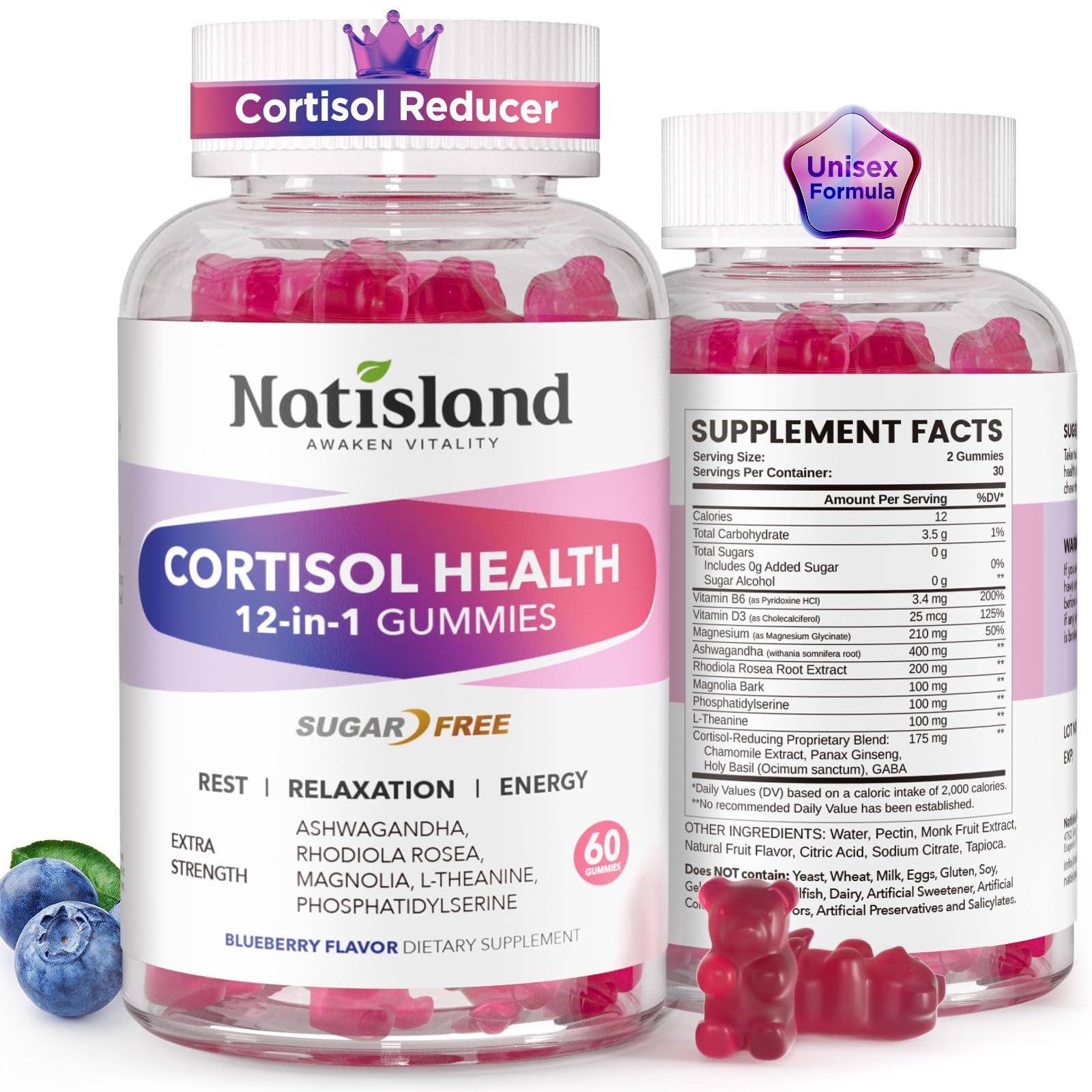 Cortisol Gummies, 12-in-1 Cortisol Reducer, with Magnesium Glycinate, Ashwagandha, L-Theanine, Phosphatidylserine, Vitamin B6 & D3, Rhodiola Rosea, for Men & Women, Sugar-Free, Vegan, NON-GMO, 60CT NATISLAND uk supplements
